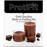 ProtiFit frente del empaque chocolate oscuro mostrando porciones y beneficio práctico