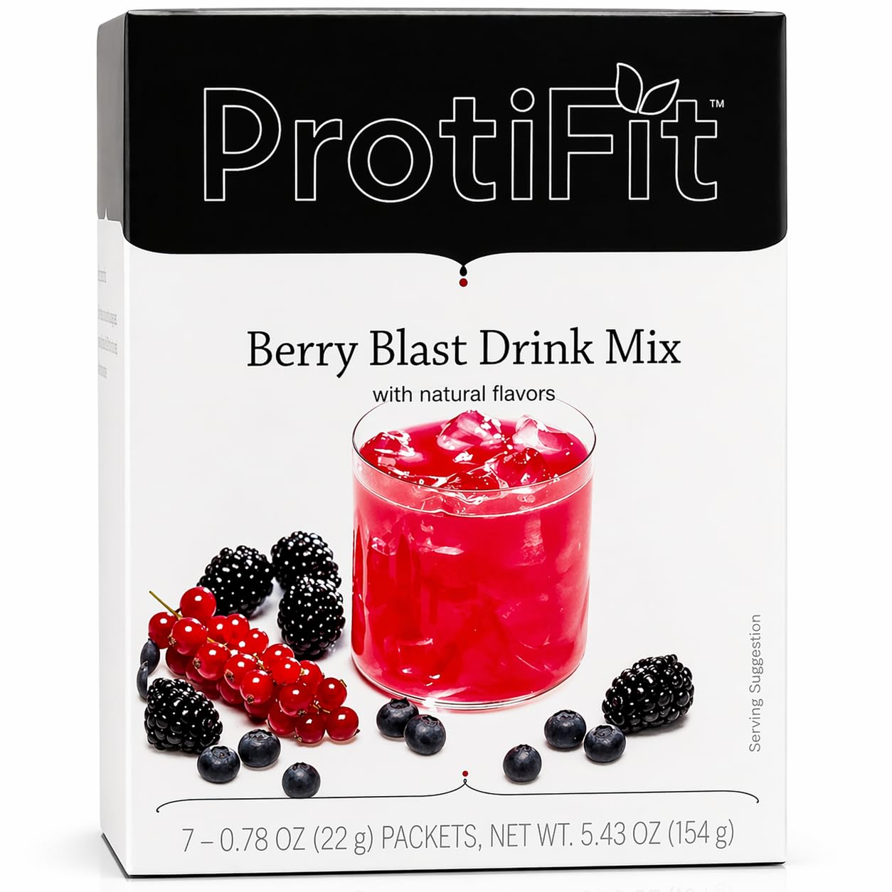 ProtiFit caja frontal Berry Blast mostrando diseño y beneficios rápidos