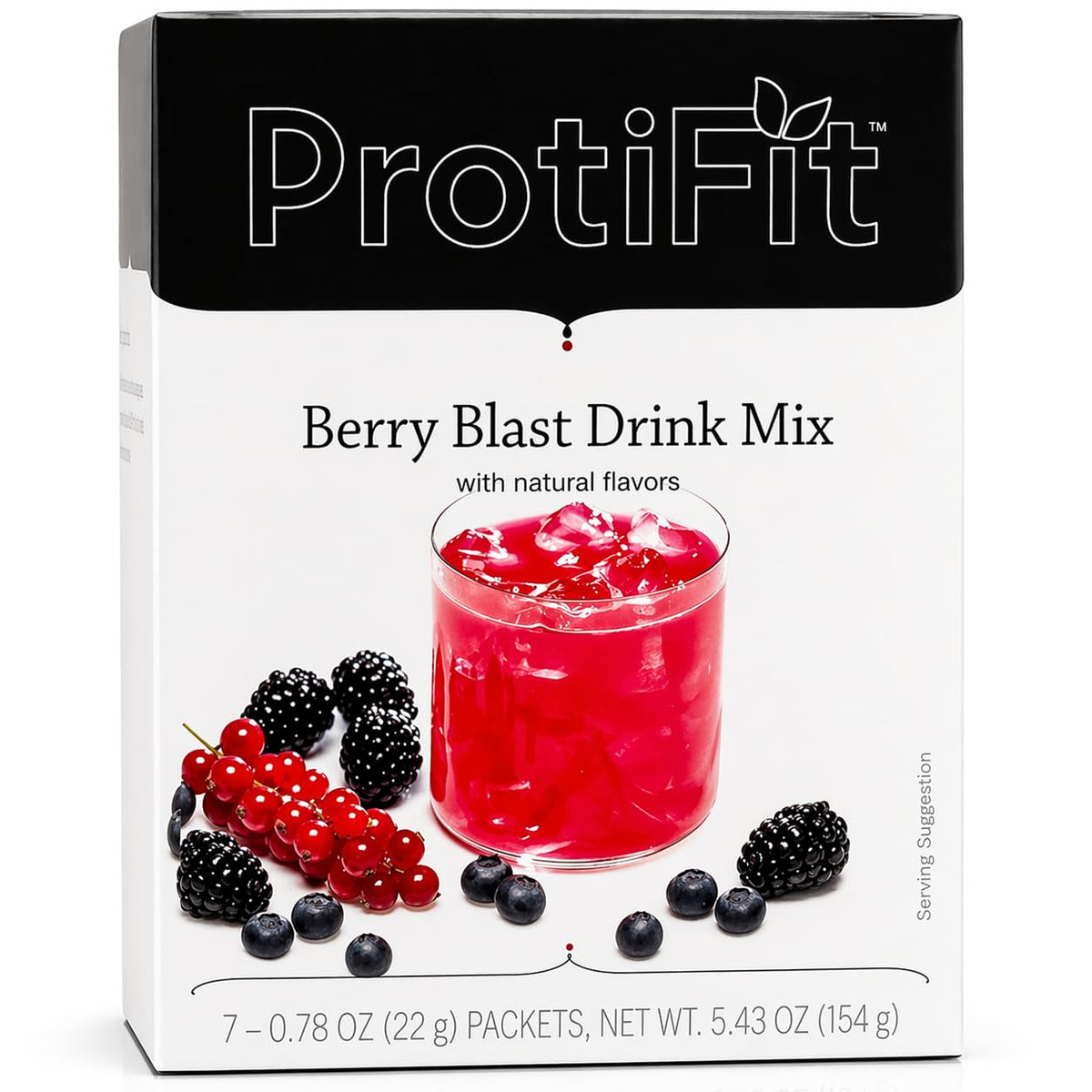 ProtiFit caja frontal Berry Blast mostrando diseño y beneficios rápidos
