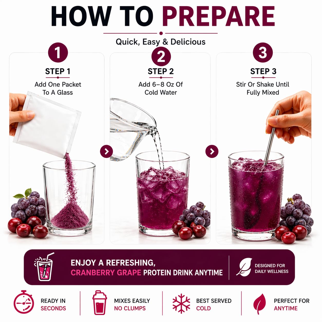 ProtiFit vaso preparado con bebida cranberry grape, refrescante y proteico