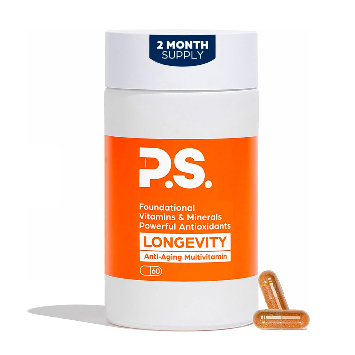 PS frasco Longevity visto de frente, diseño claro y ventaja de vidrio