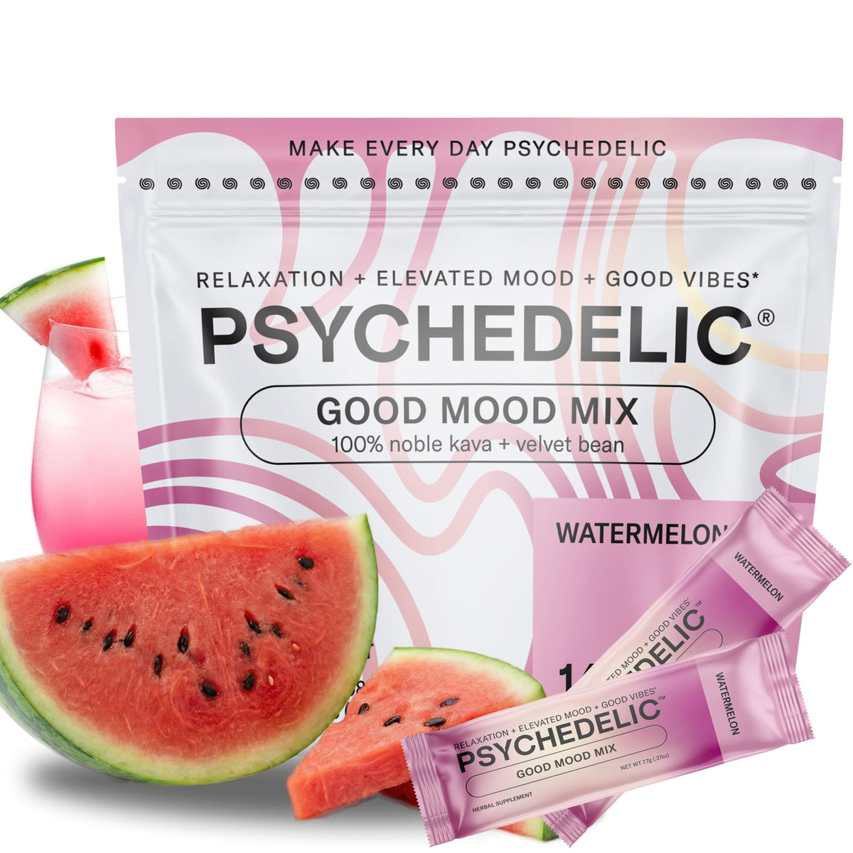 Psychedelic Water bolsa frontal mostrando diseño y beneficios relajo