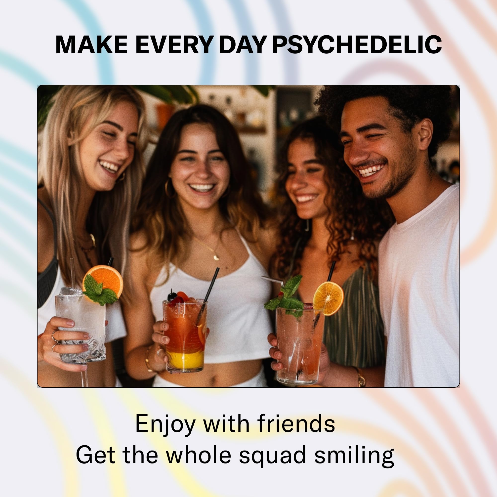 Psychedelic Water escena lifestyle con bebida y ambiente relajado después del trabajo