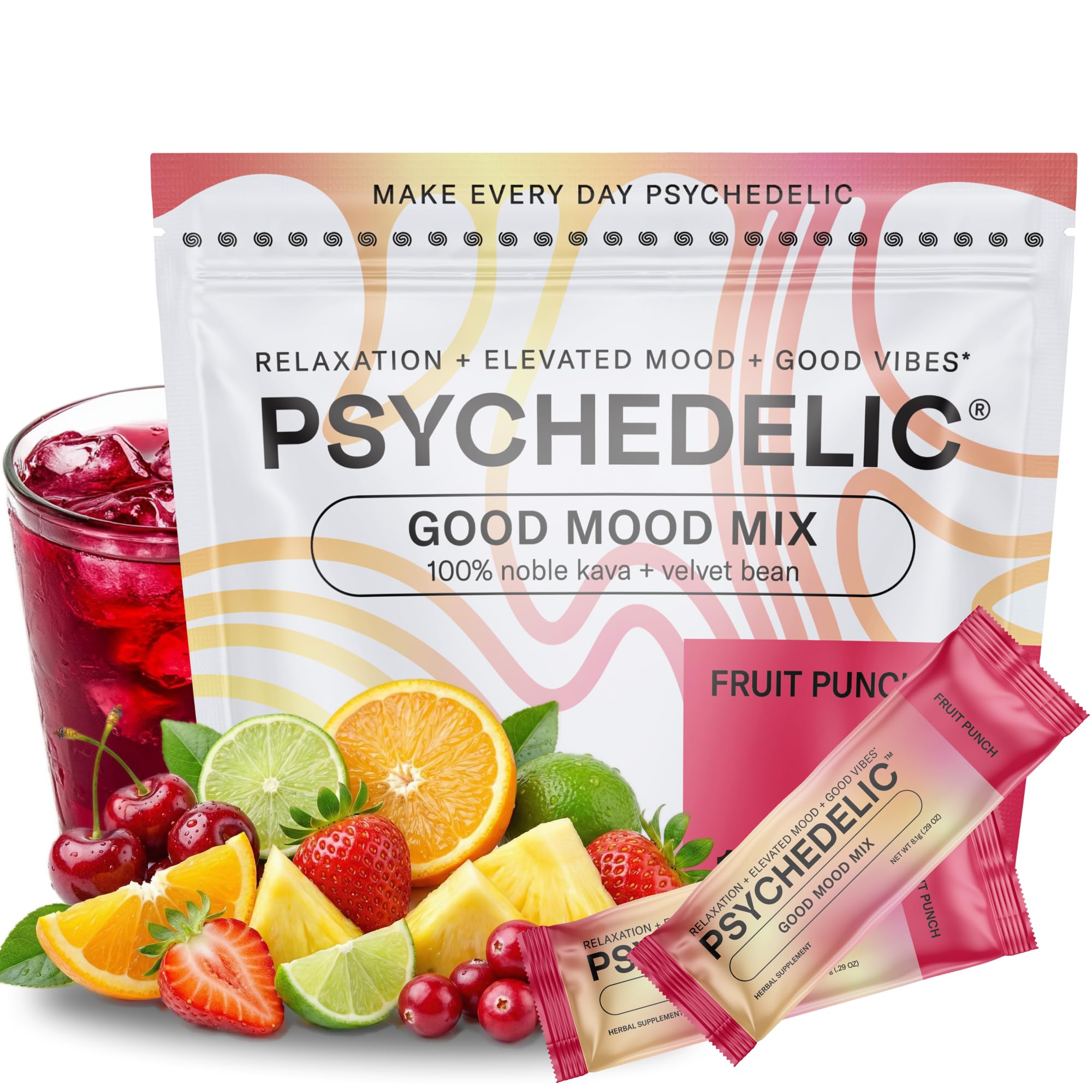 Psychedelic Water paquete frontal mostrando 14 sobres y beneficios de conveniencia