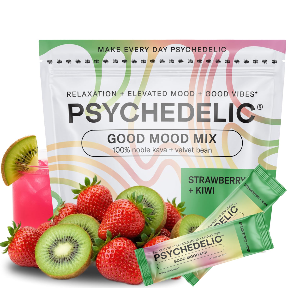 Psychedelic Water frente del paquete mostrando 14 sticks y beneficios claros