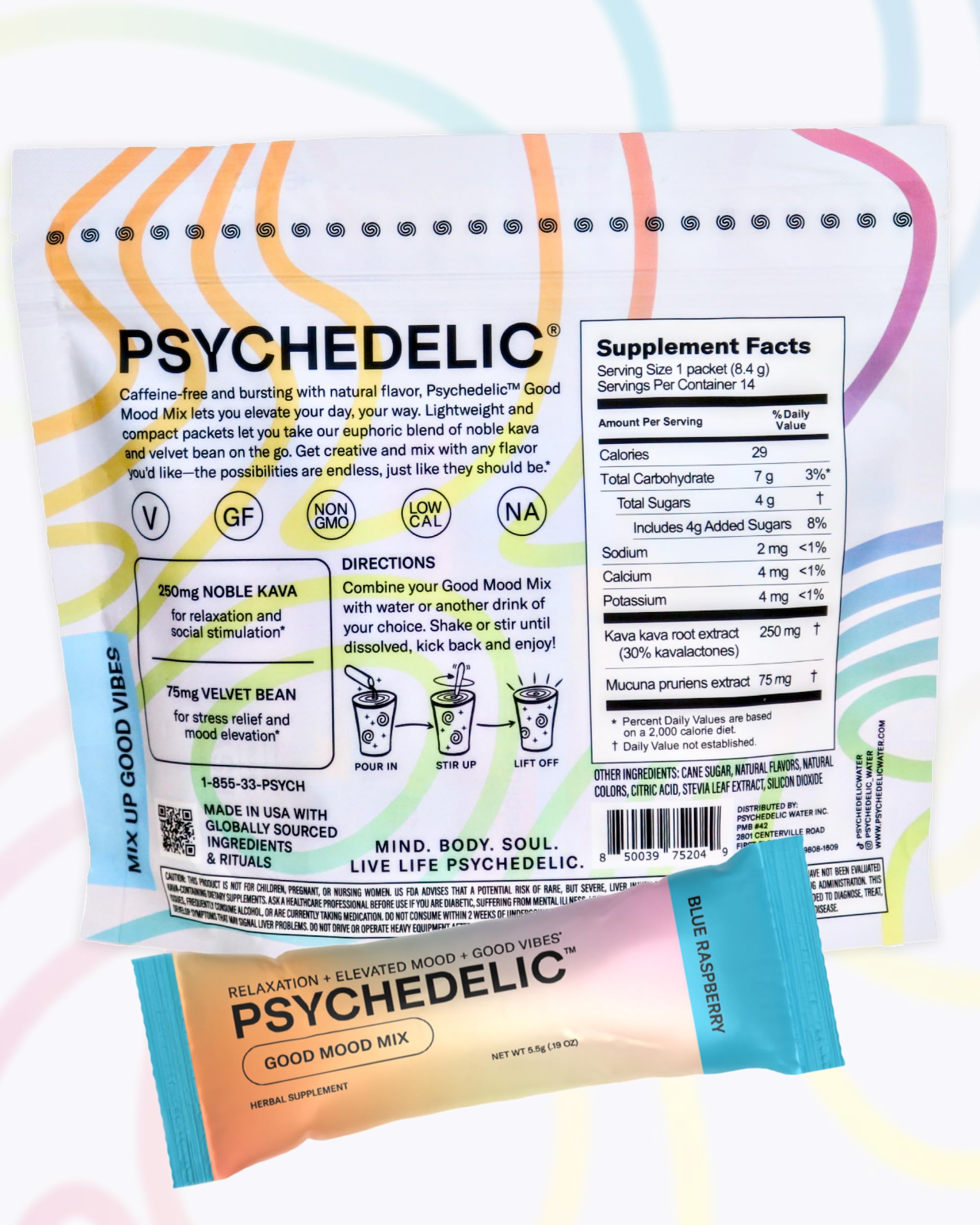Psychedelic Water mano sosteniendo sobres muestra tamaño y porciones individuales