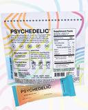 Psychedelic Water mano sosteniendo sobres muestra tamaño y porciones individuales