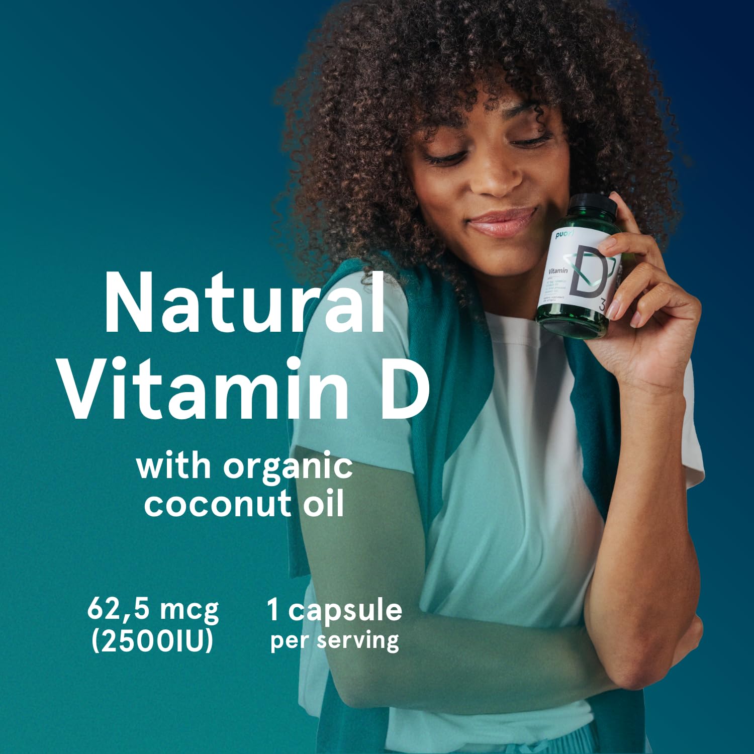 Puori bote abierto con softgels visibles para control de dosis diaria