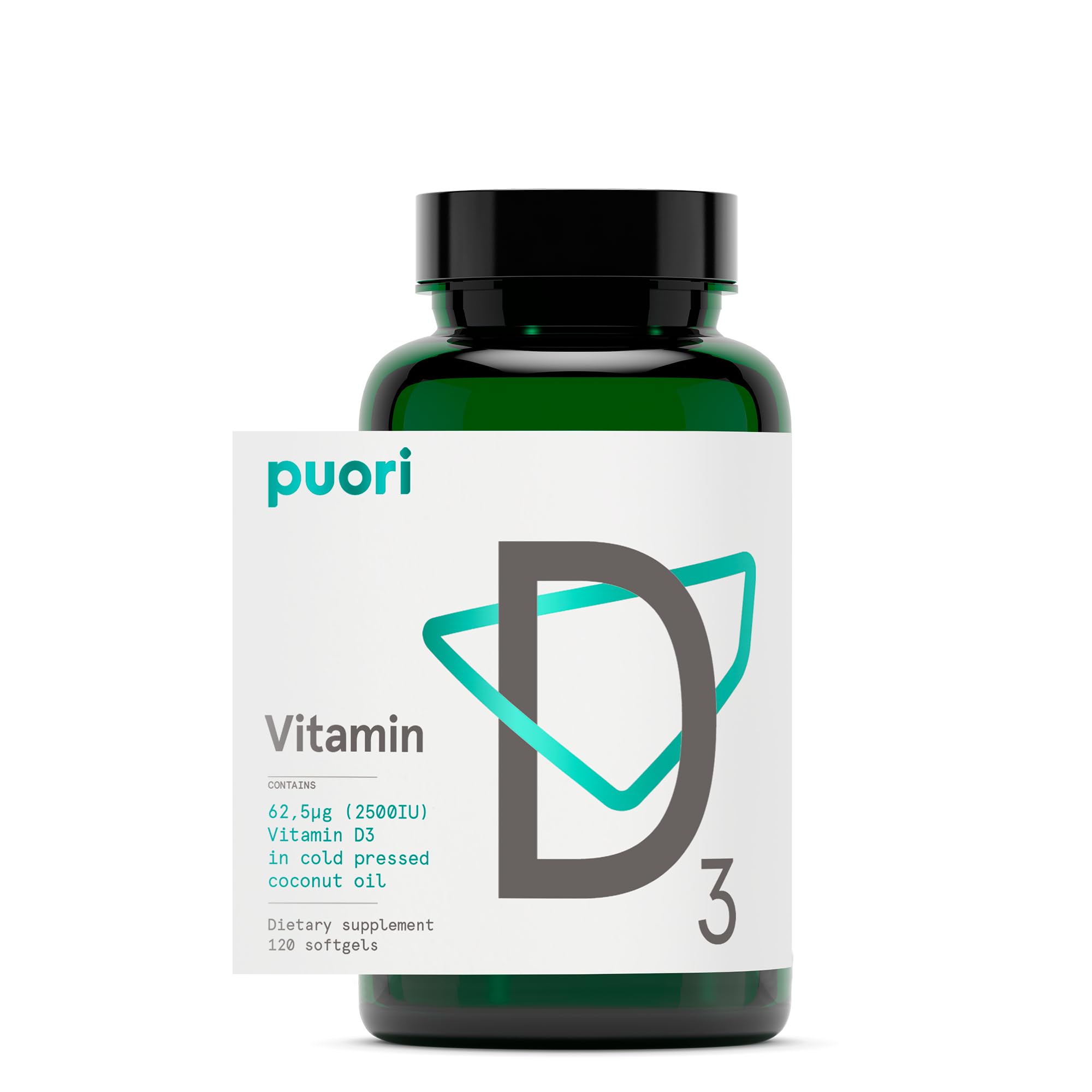 Puori envase frontal mostrando 120 softgels y beneficios de dosis alta