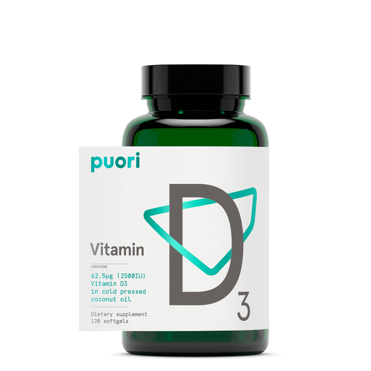 Puori envase frontal mostrando 120 softgels y beneficios de dosis alta