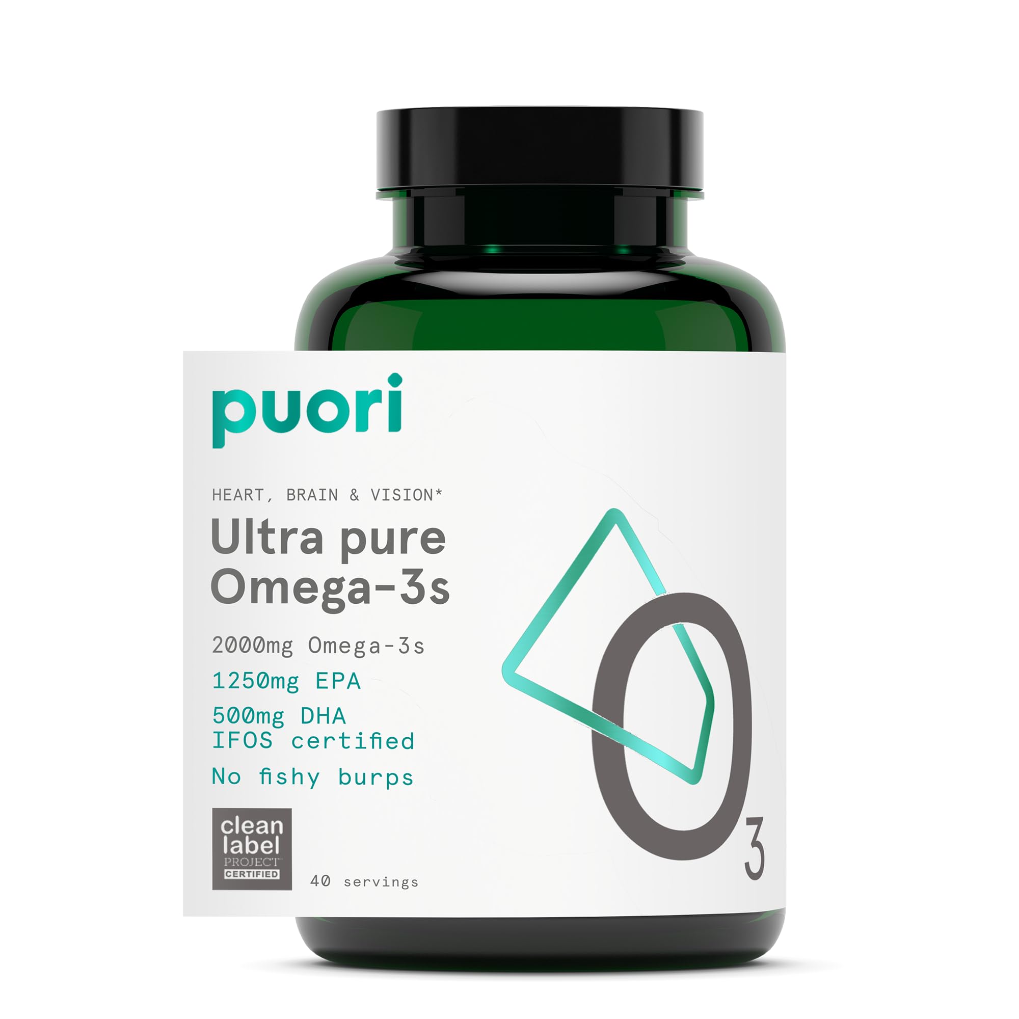 Puori O3 frontal del envase mostrando concentración omega‑3 y beneficios