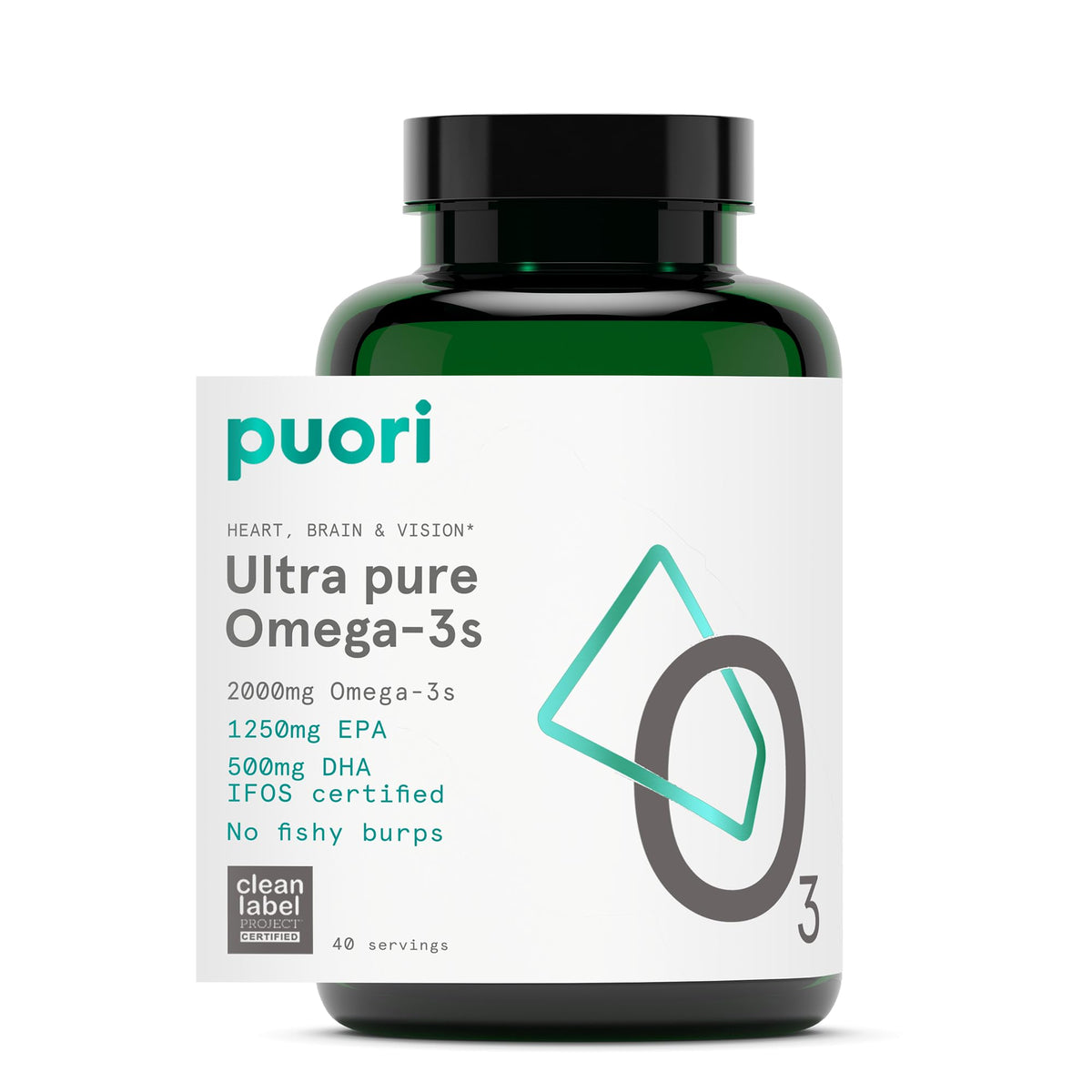 Puori O3 frontal del envase mostrando concentración omega‑3 y beneficios