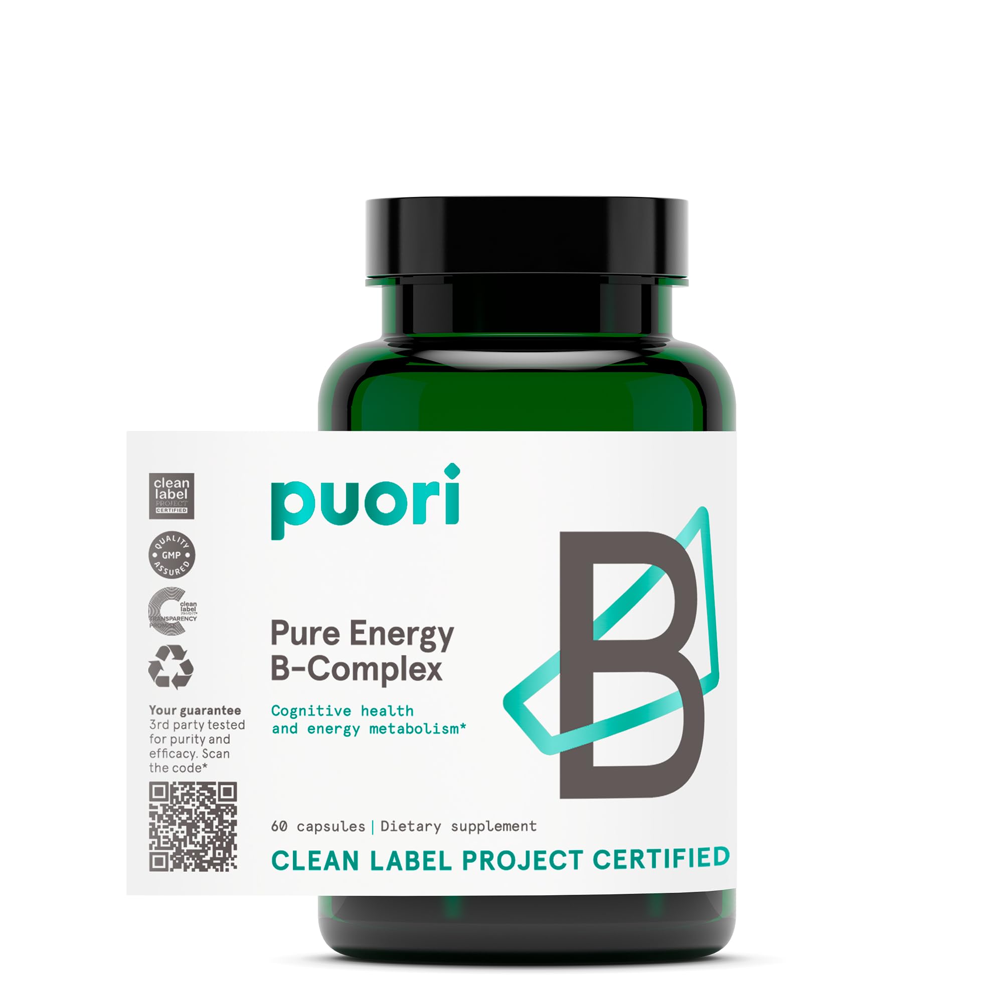Puori frasco frontal mostrando la etiqueta y beneficio de energía
