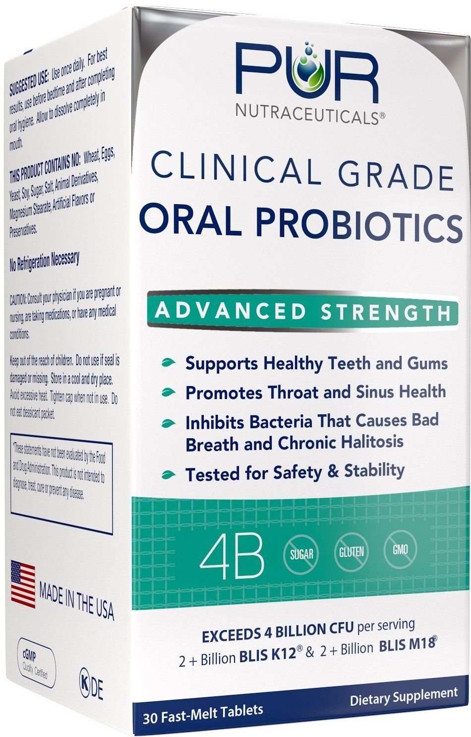 PUR Nutraceuticals tableta frontal con menta, muestra frescura y conveniencia de uso