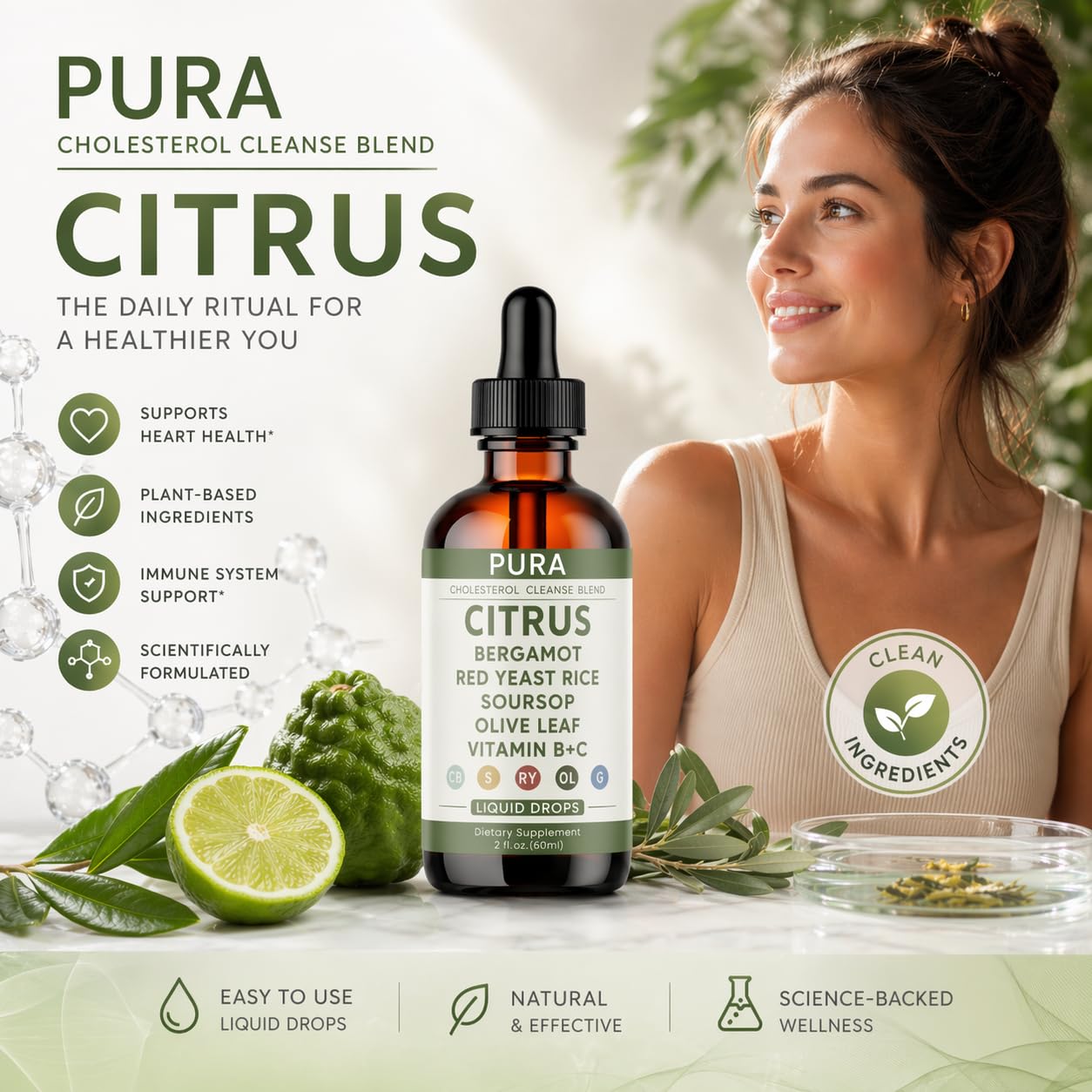 PURA Bergamot gotas en mano que muestran textura líquida fácil de dosificar