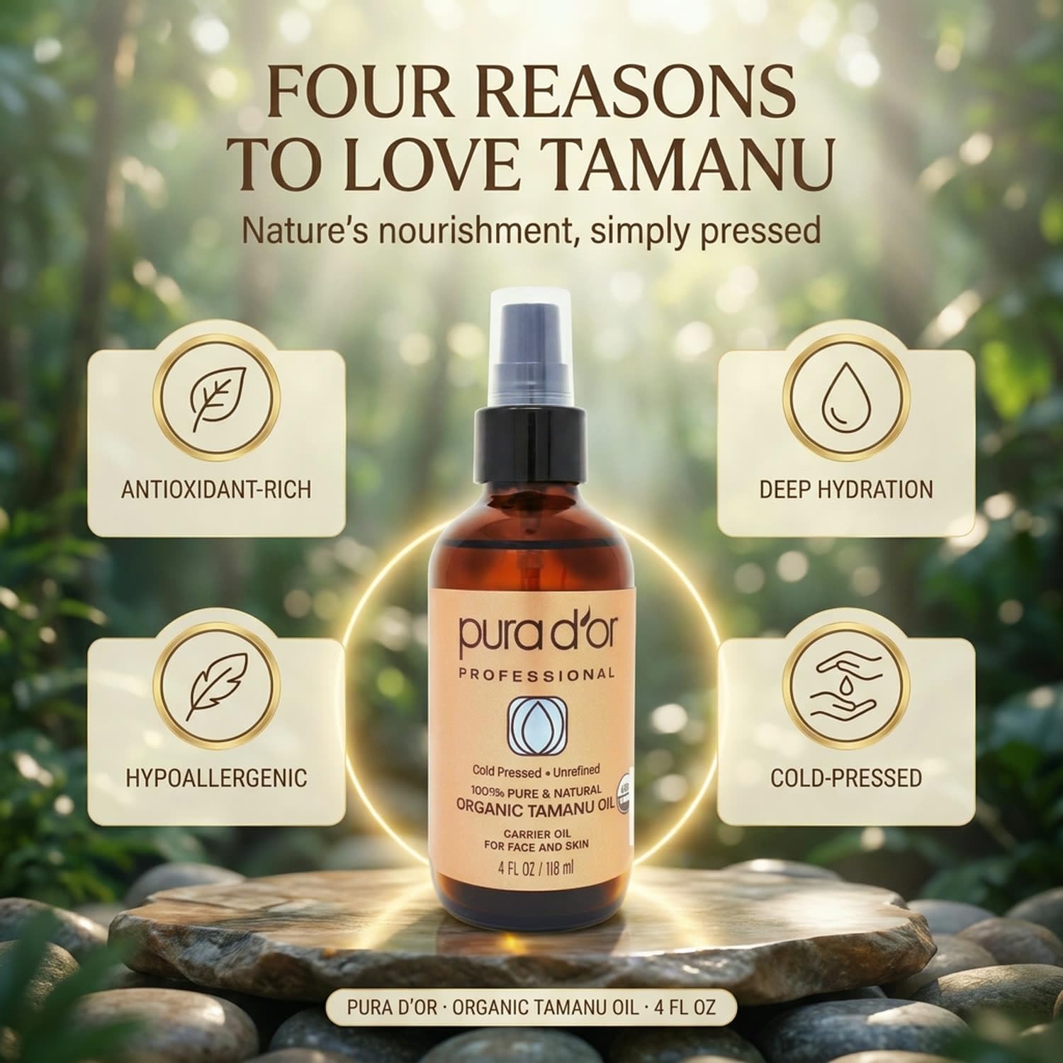 PURA D'OR aceite tamanu usado como mascarilla capilar para nutrición