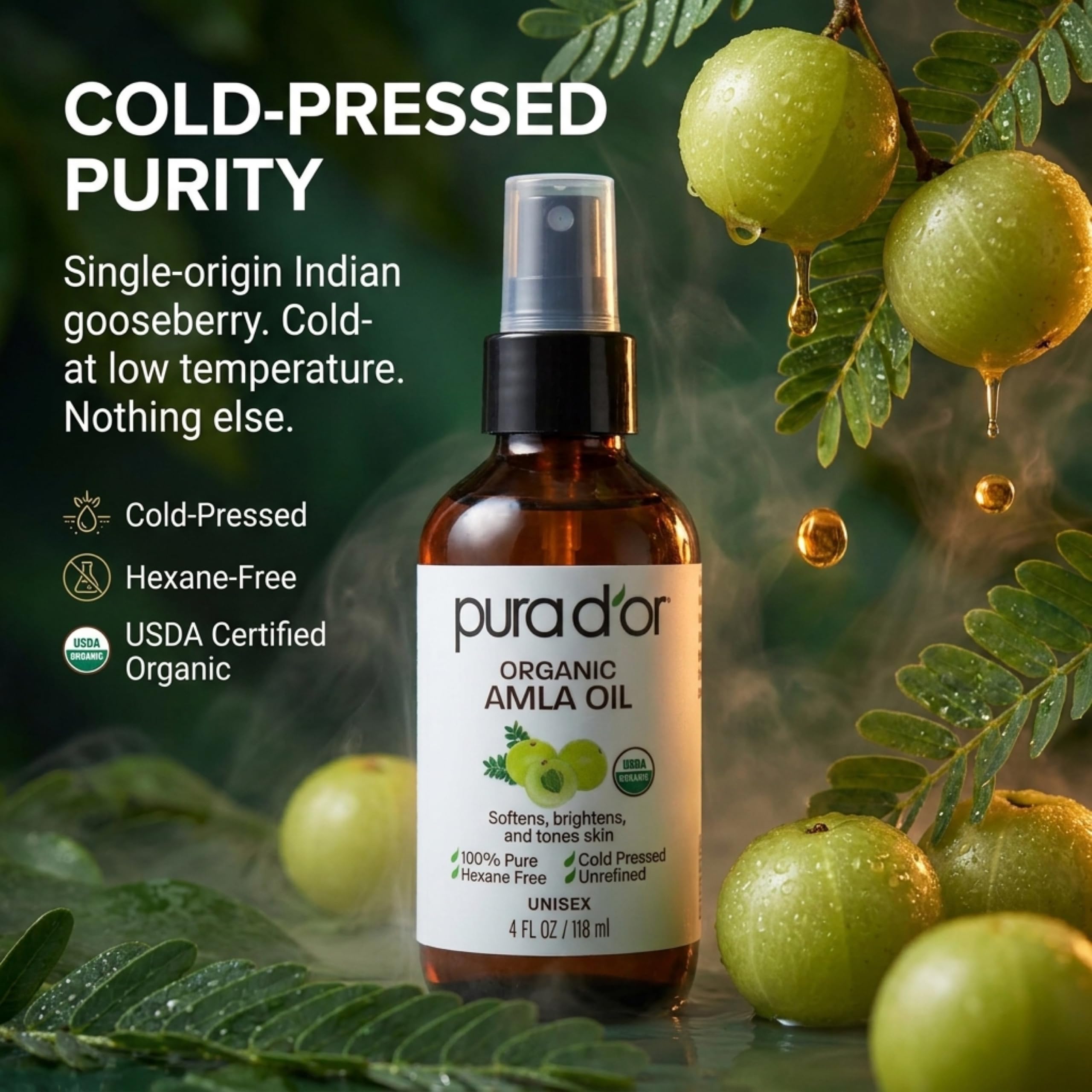 PURA D'OR masaje de aceite de Amla en cuero cabelludo para hidratación y manejo del cabello