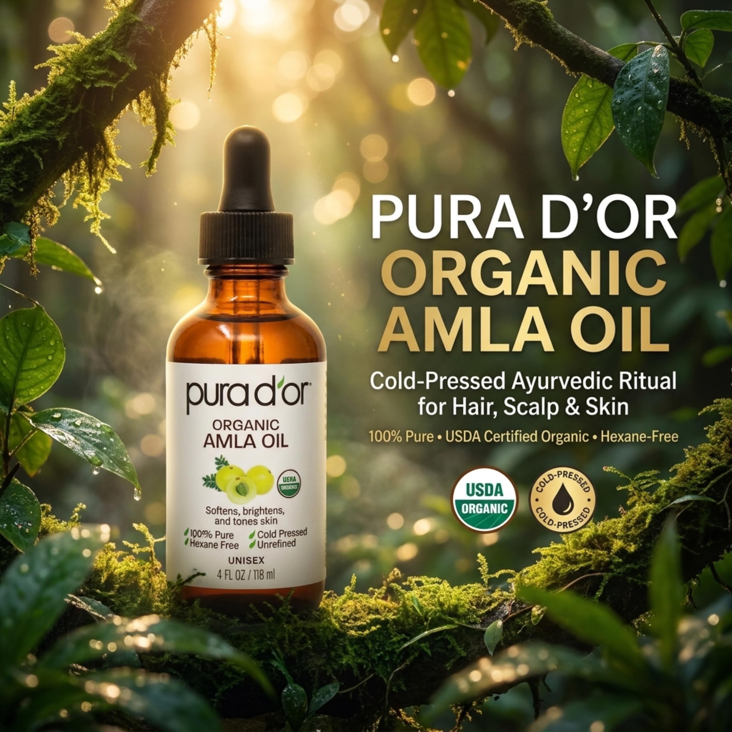 PURA D'OR textura del aceite de Amla en gotas que demuestra pureza y absorción rápida