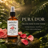 PURA D'OR gota de agua de rosas en textura que destaca hidratación rápida