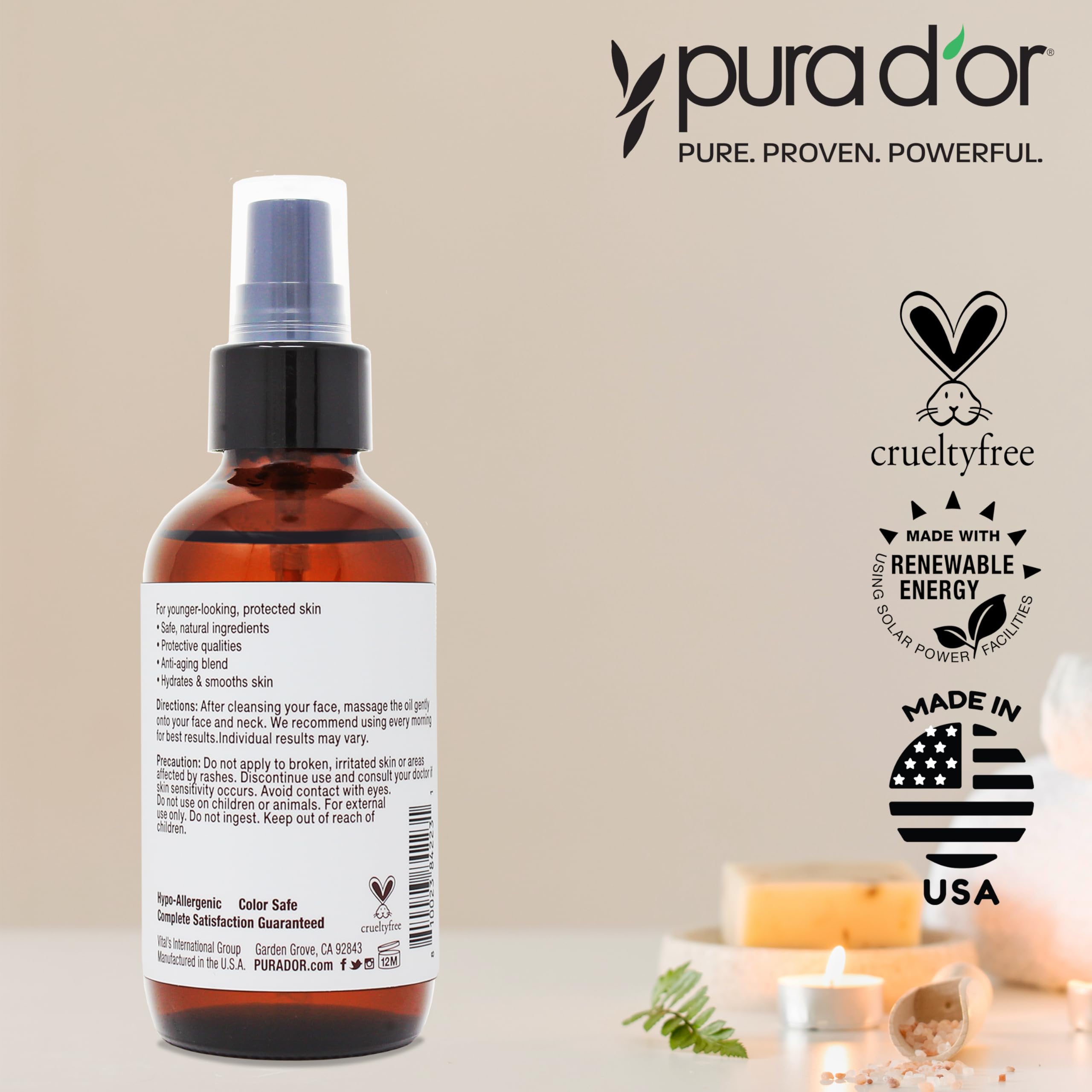 PURA D'OR producto en rutina matutina junto a protector solar y toallas