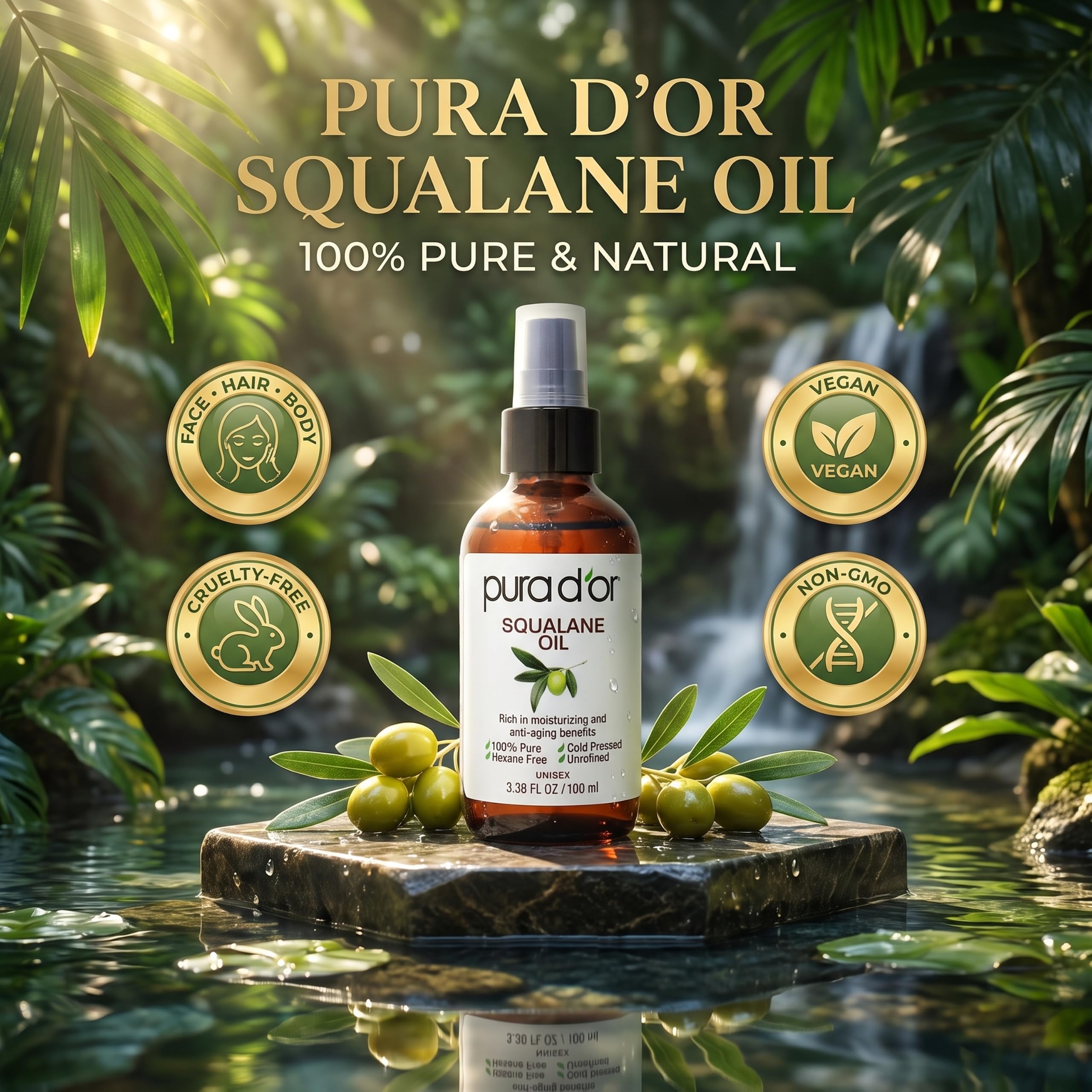PURA D'OR aplicación facial con manos mostrando hidratación no grasa