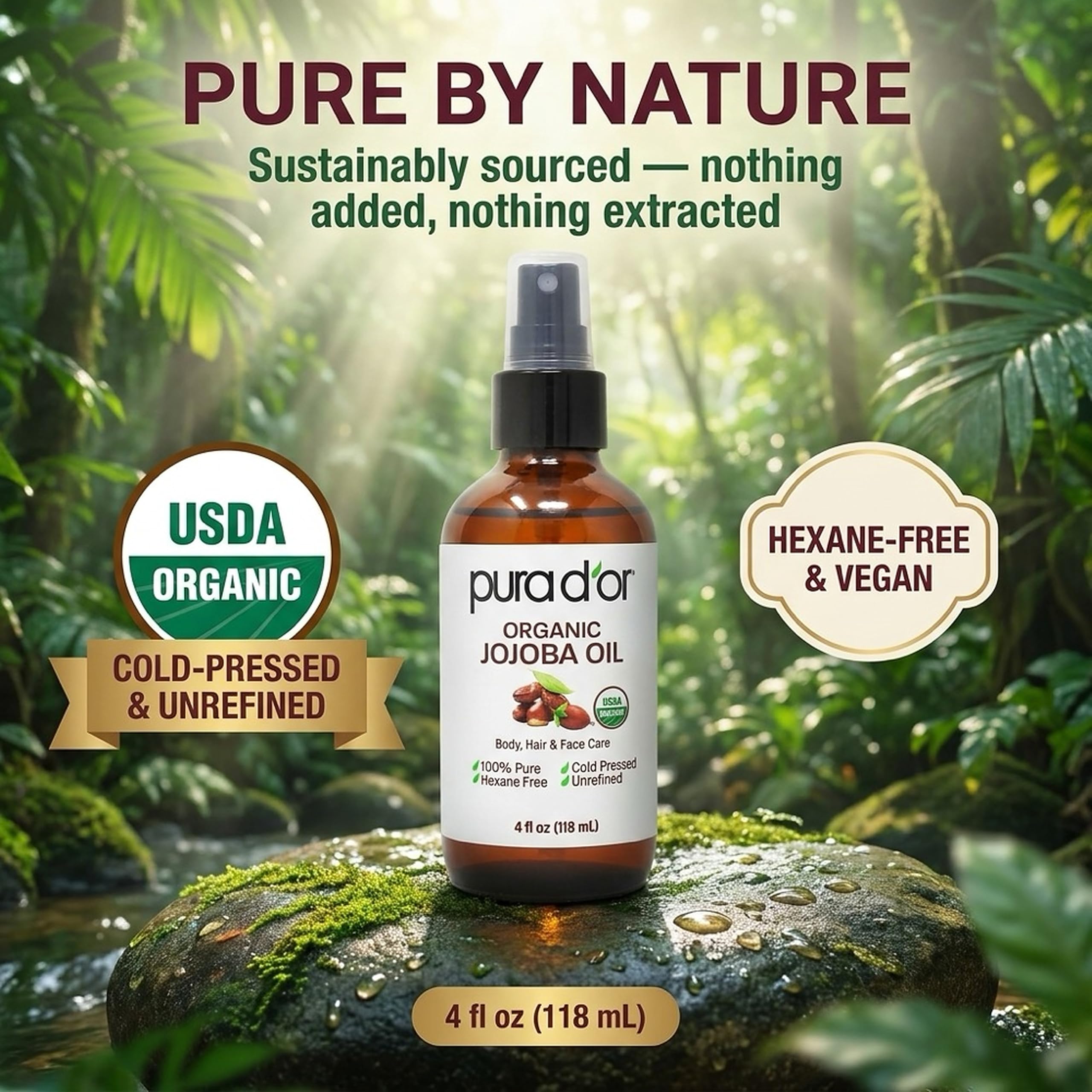 PURA D'OR botella ámbar que protege el aceite y conserva su potencia