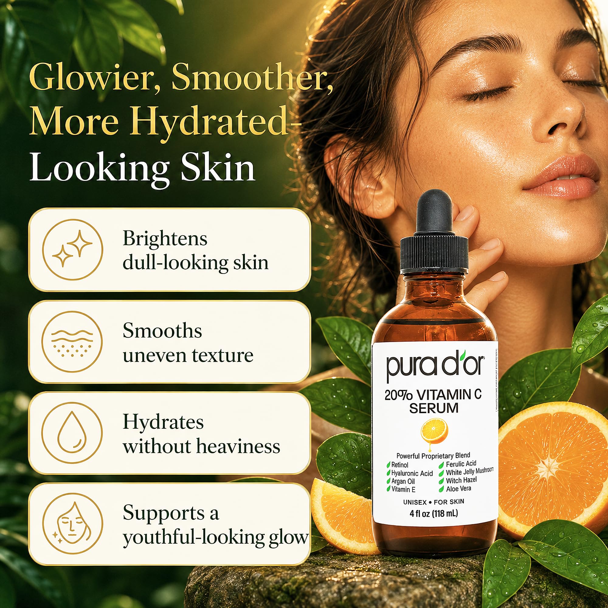 PURA D'OR etiqueta con ingredientes clave que destaca vitamina C y ferúlico