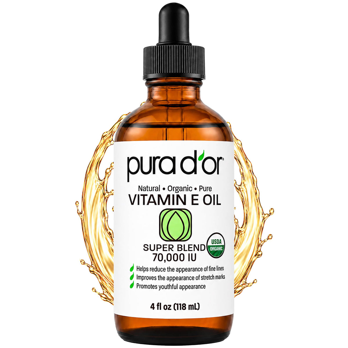 PURA D'OR frasco ámbar frente mostrando envase reciclable y pureza