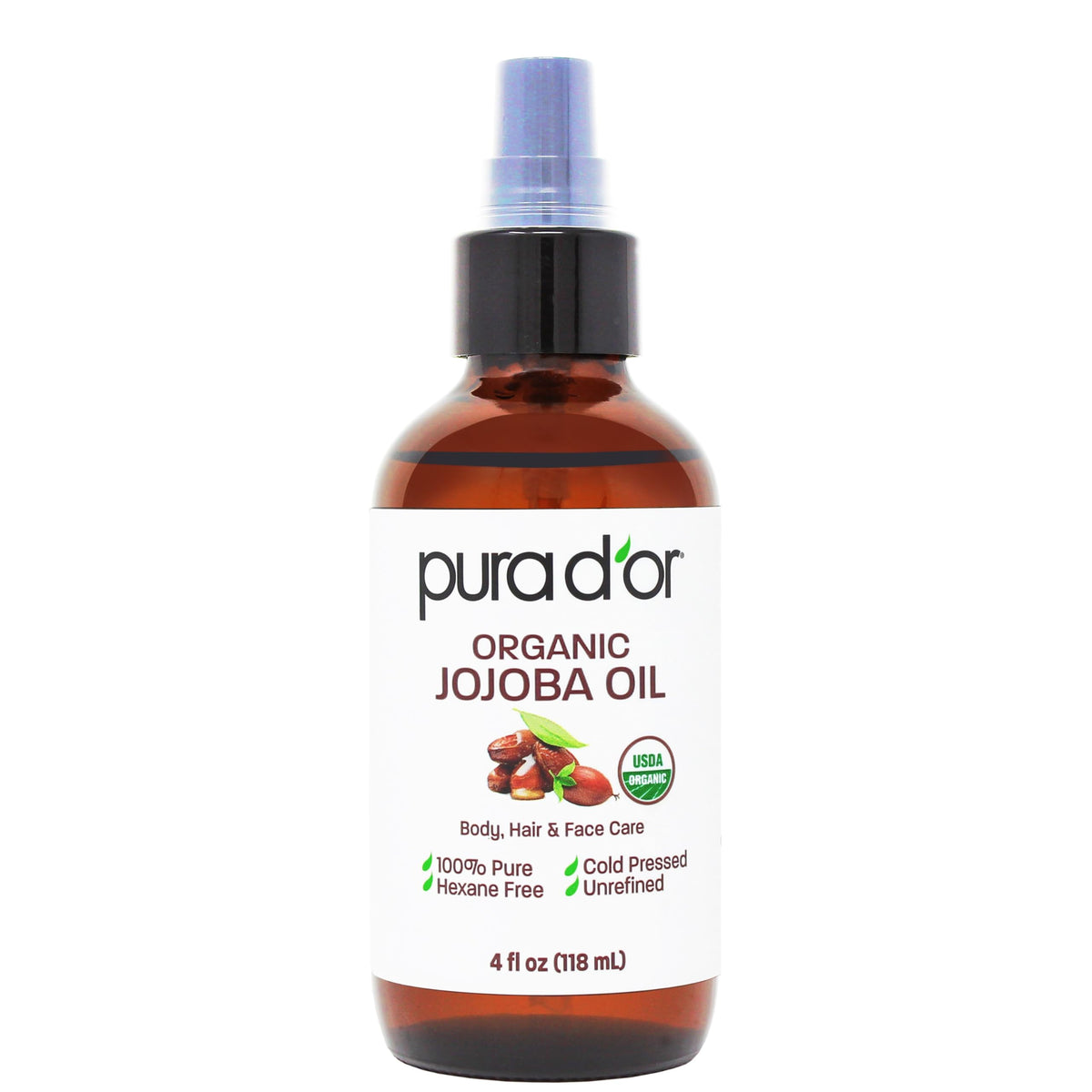 PURA D'OR botella frontal mostrando diseño y beneficio hidratante