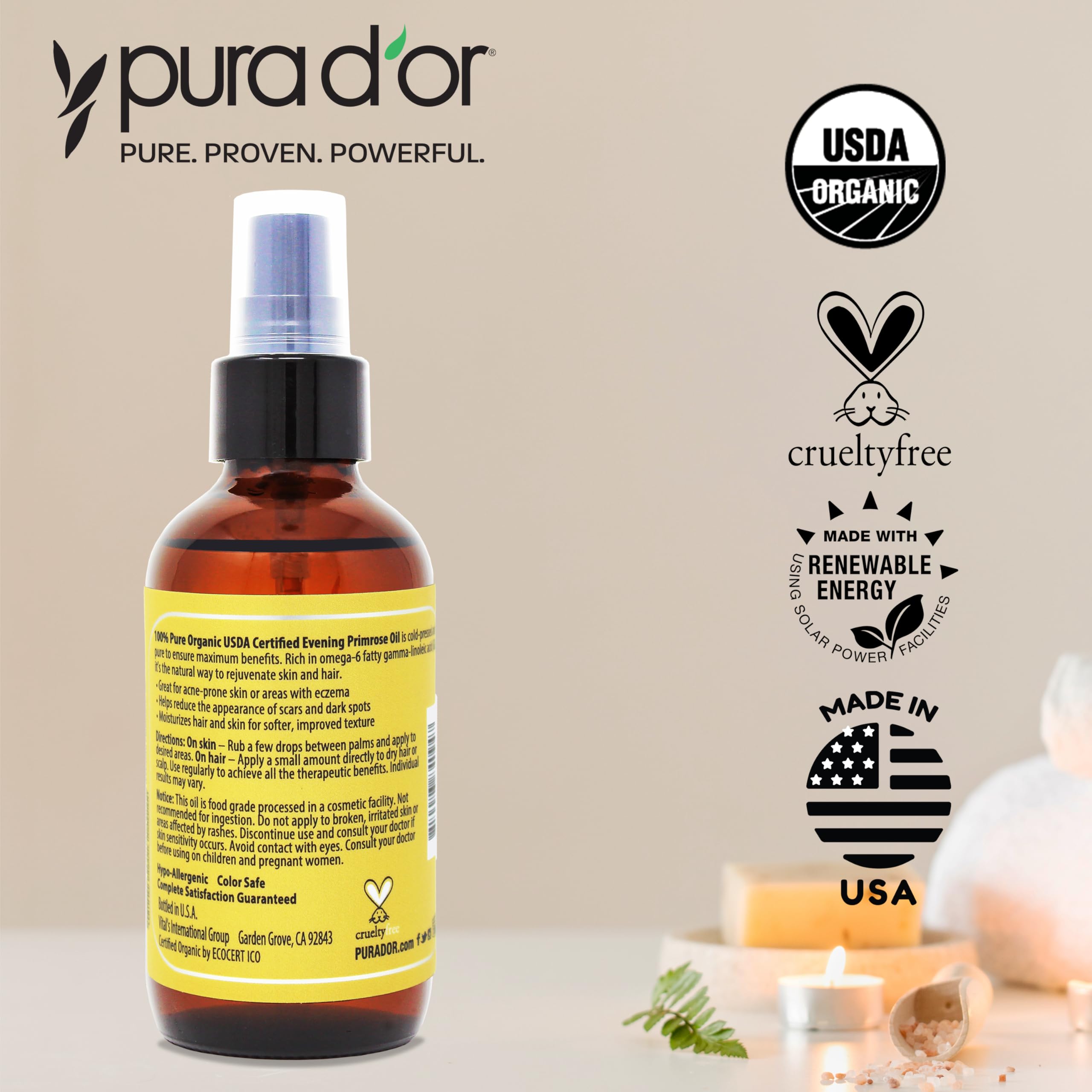 PURA D'OR etiqueta del envase con detalles de ingredientes y origen
