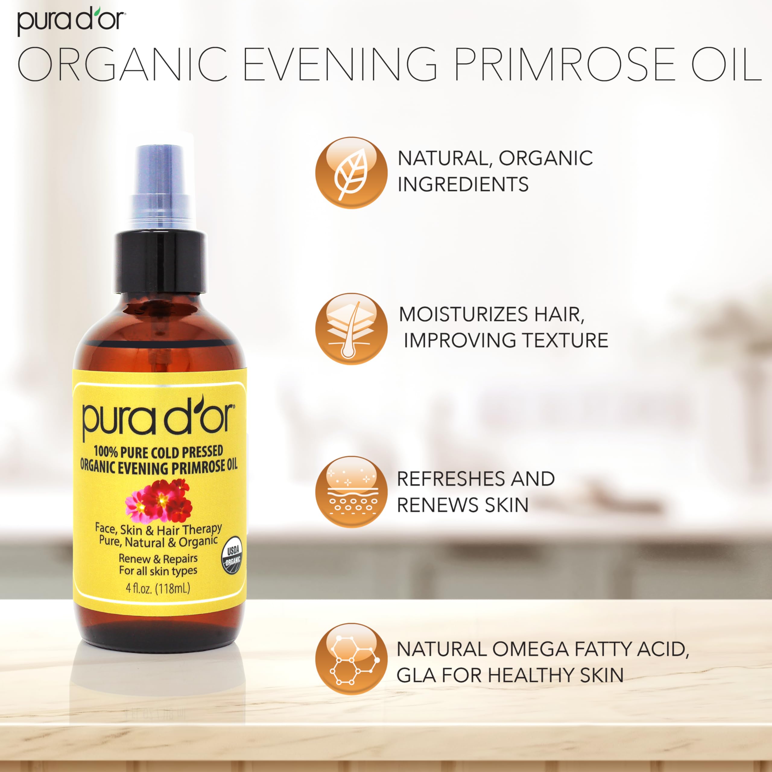 PURA D'OR gota de aceite onagra en superficie, textura rica y nutritiva