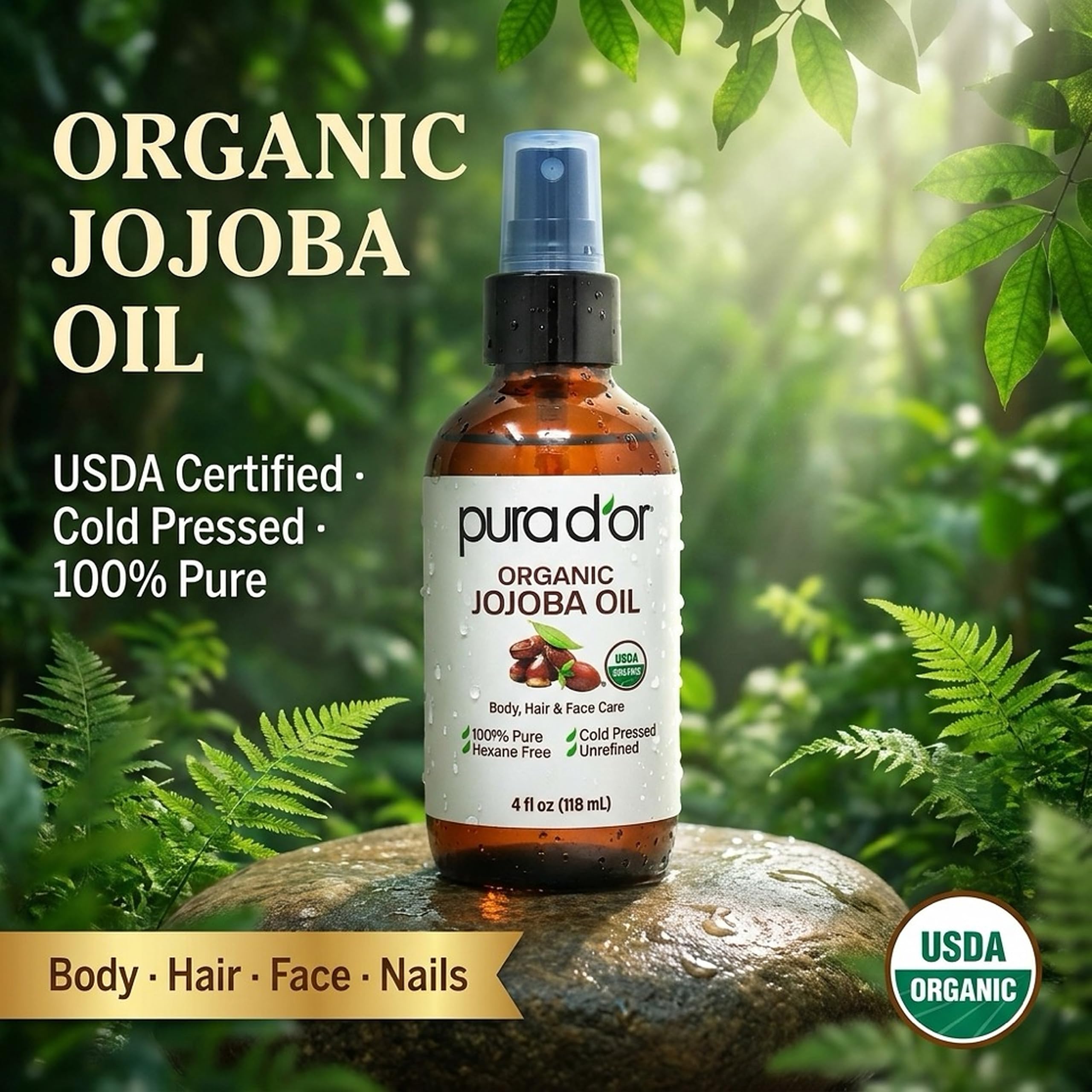 PURA D'OR gota de aceite de jojoba demostrando textura ligera