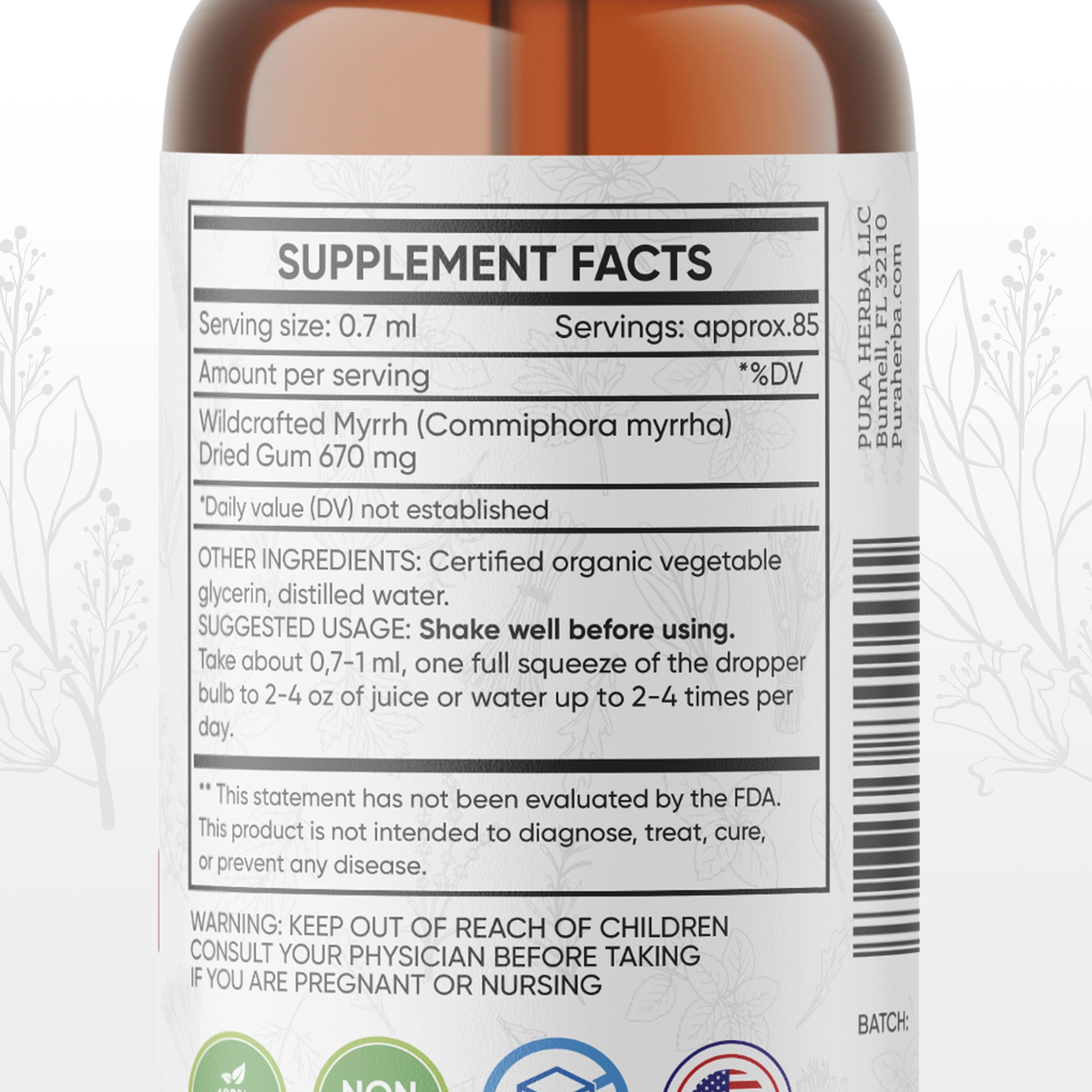 Pura Herba etiqueta con certificaciones orgánicas y símbolos vegan sin gluten