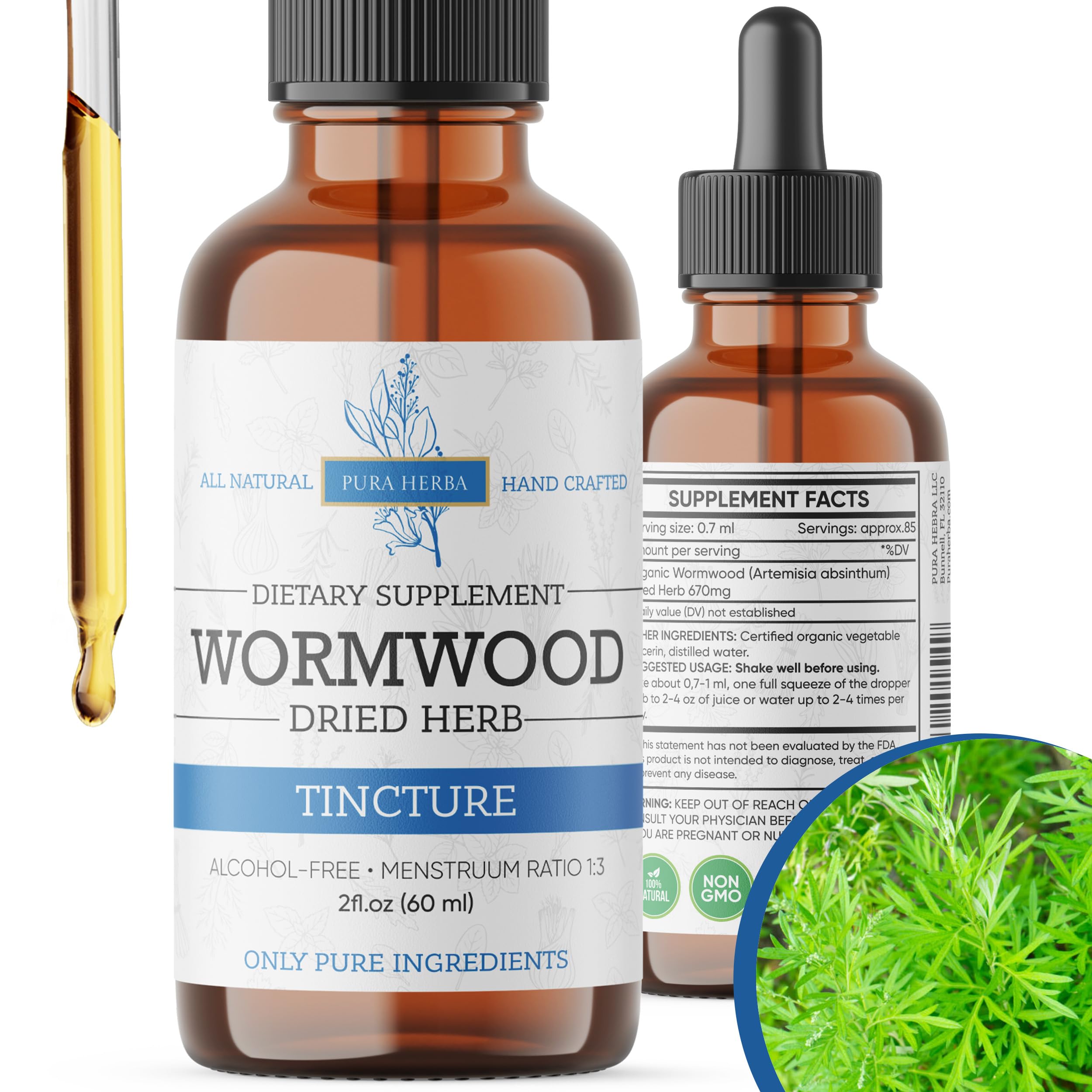 Pura Herba frasco frontal de tintura de ajenjo mostrando etiqueta clara y beneficios