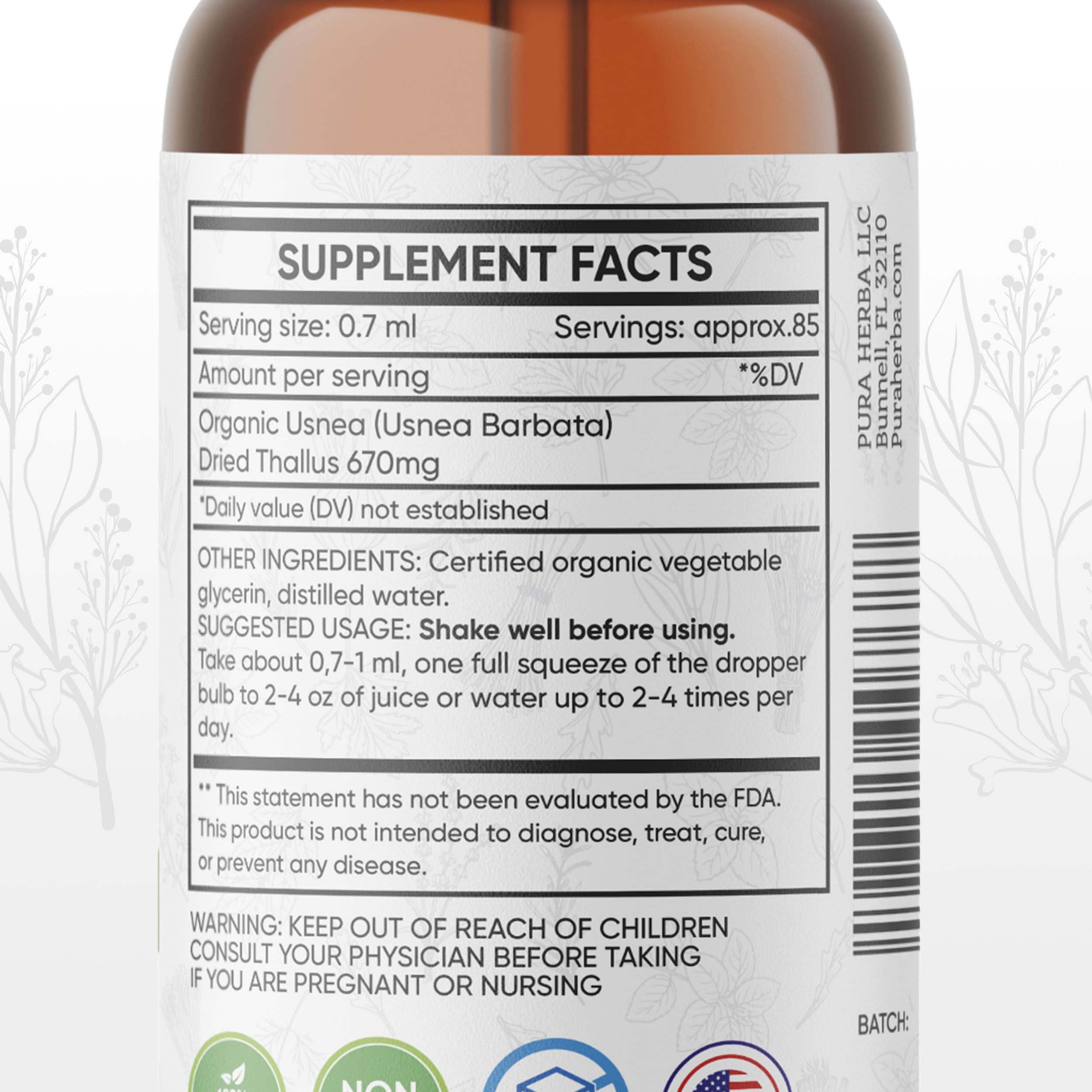 Pura Herba etiqueta del producto con información clara de ingredientes y certificaciones