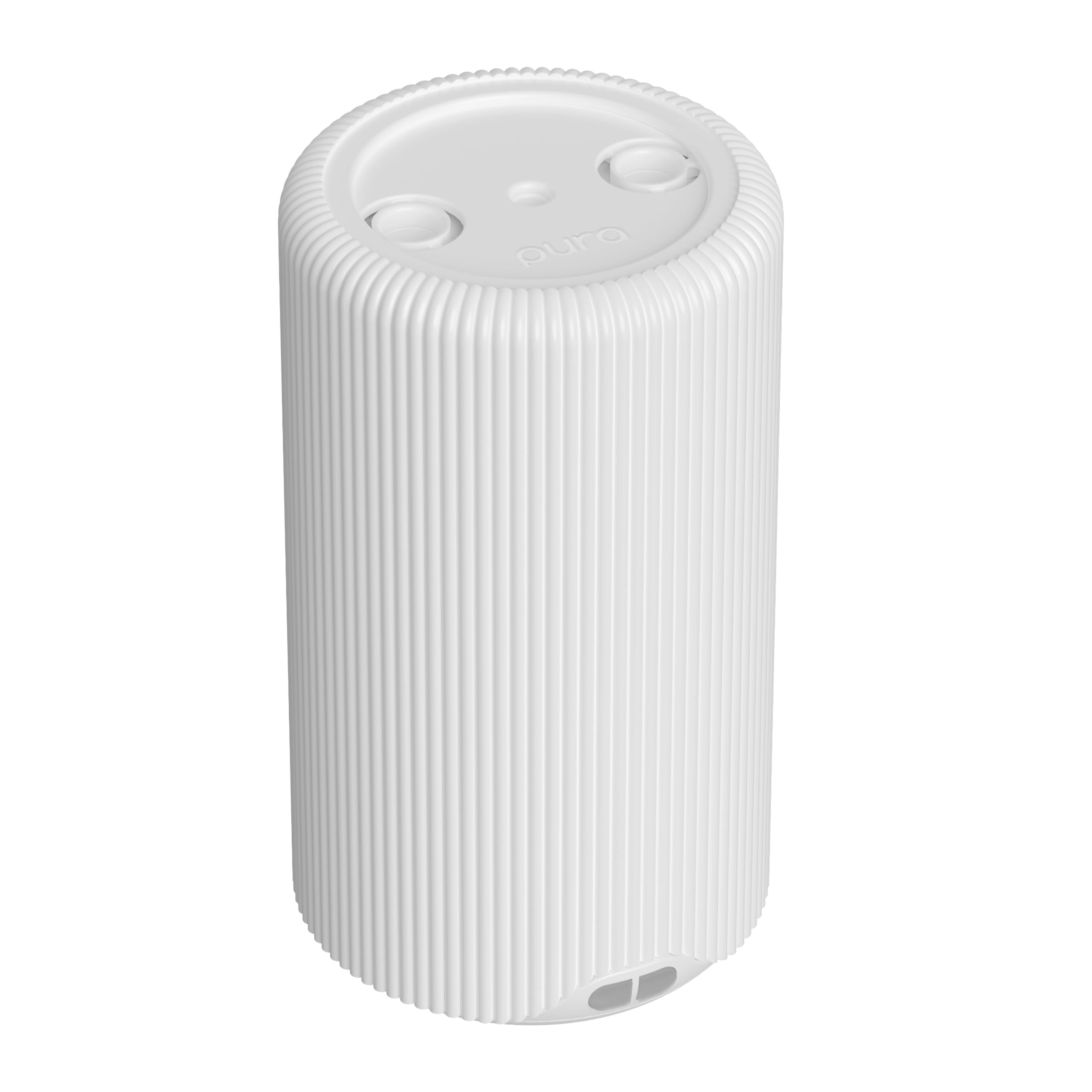 Pura difusor frontal blanco mostrando diseño elegante y control remoto