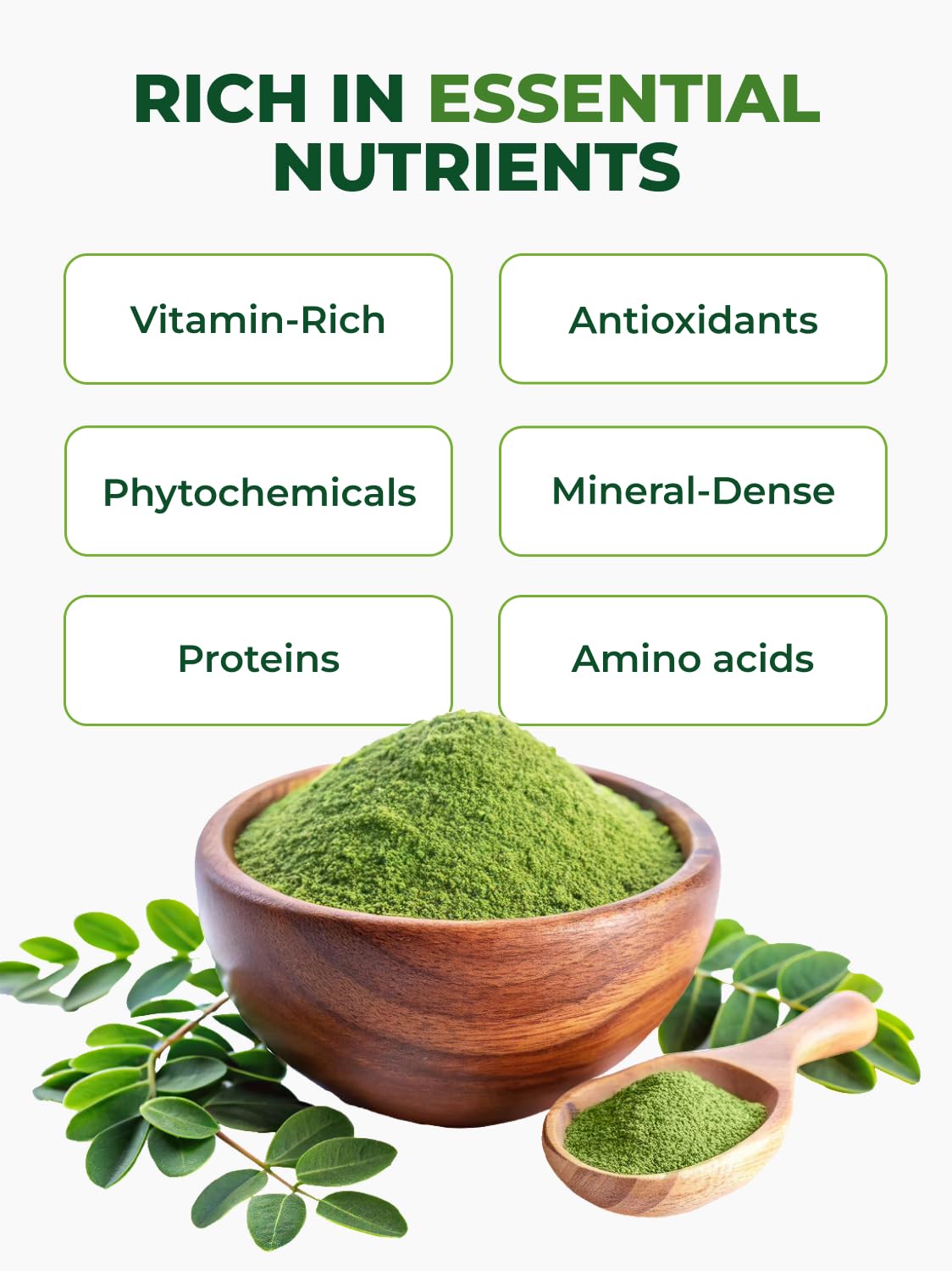 PURA VIDA MORINGA cuchara medidora con polvo, dosificación precisa y práctica