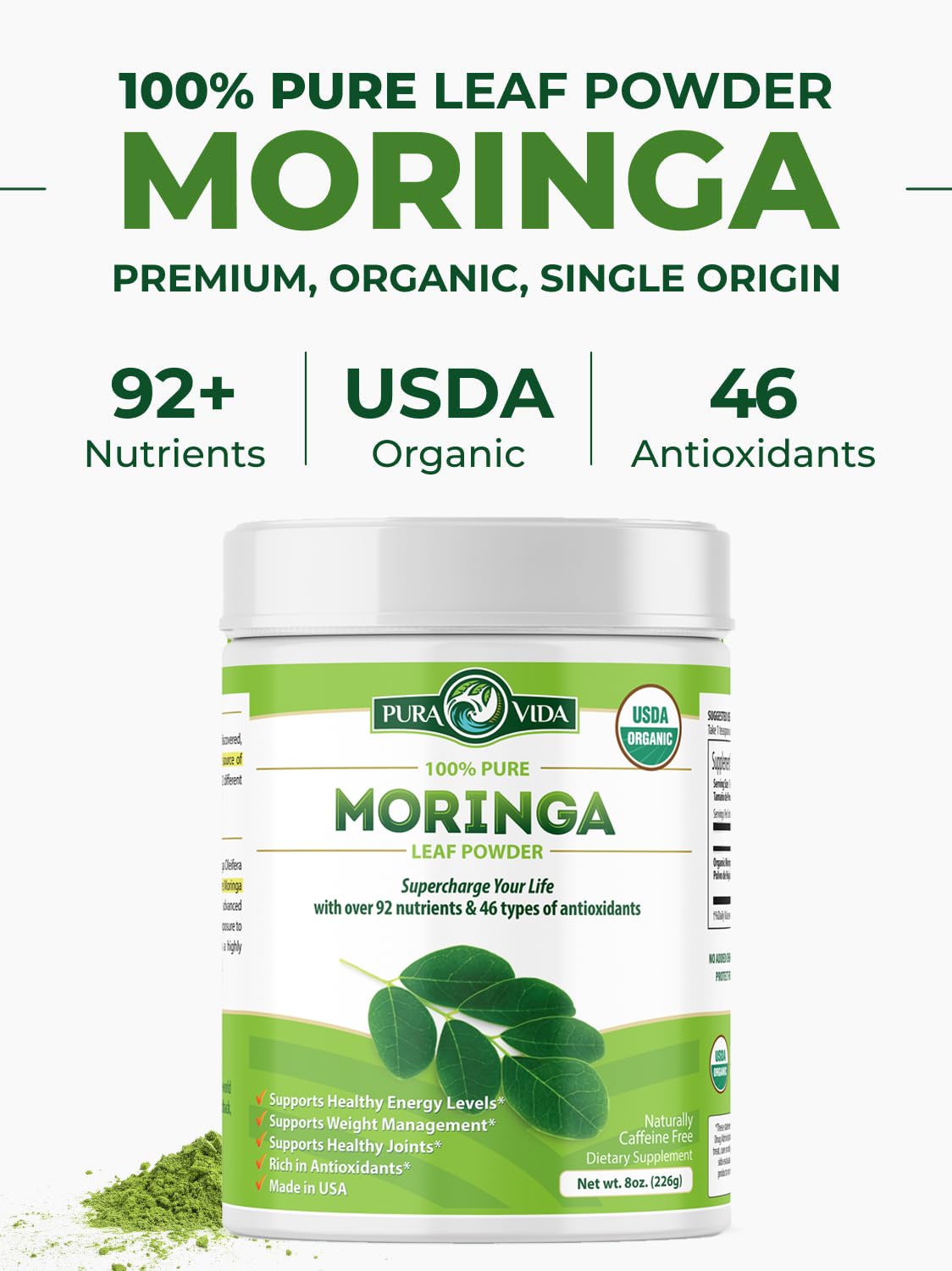 PURA VIDA MORINGA polvo incorporado en batido saludable listo para consumir