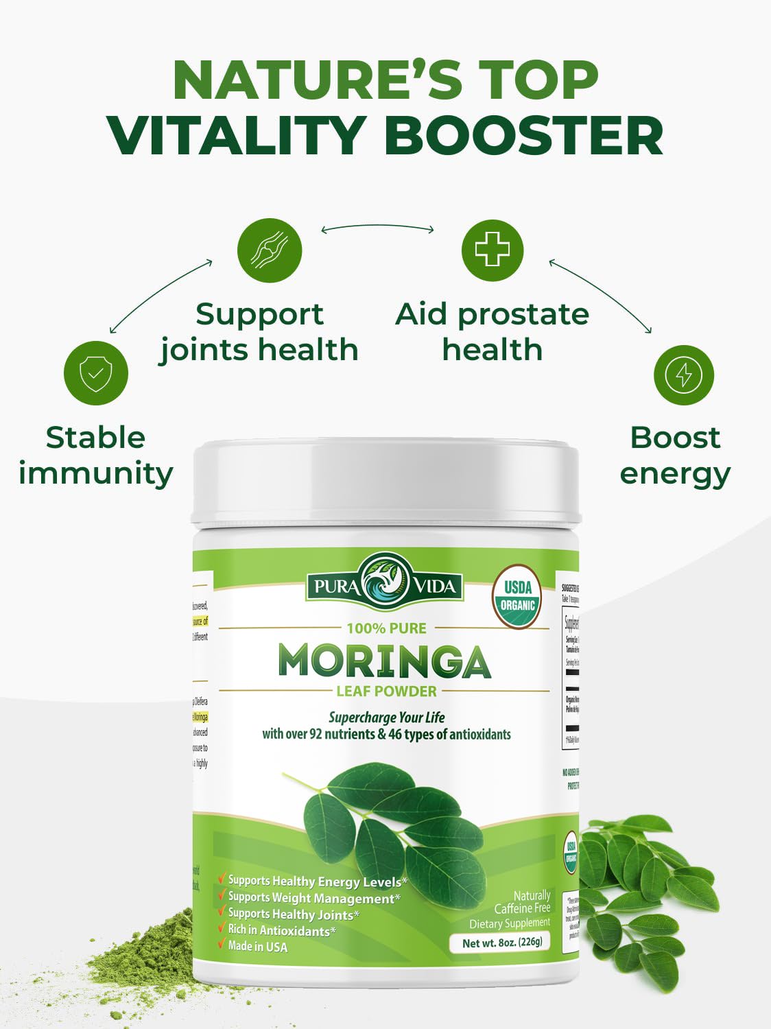 PURA VIDA MORINGA etiqueta con certificados y pruebas de laboratorio verificadas