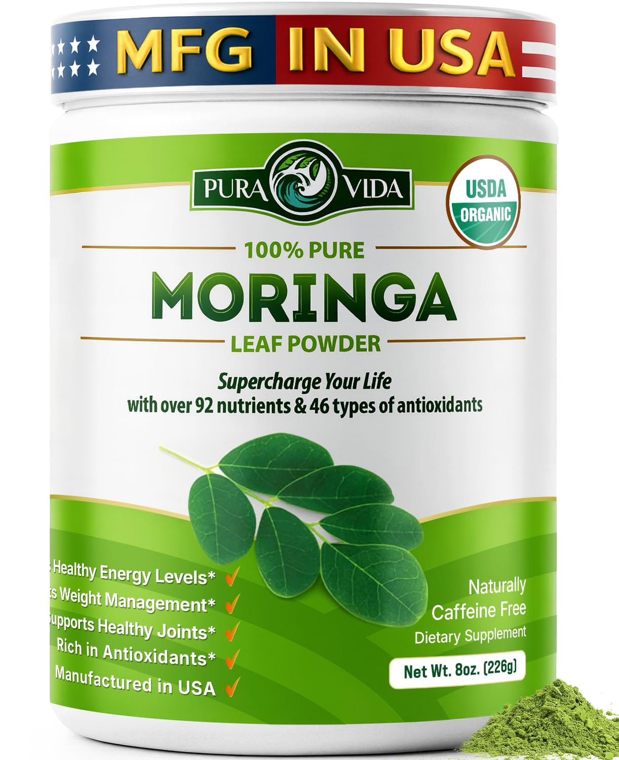 PURA VIDA MORINGA empaque frontal mostrando sello USDA Organic y origen único