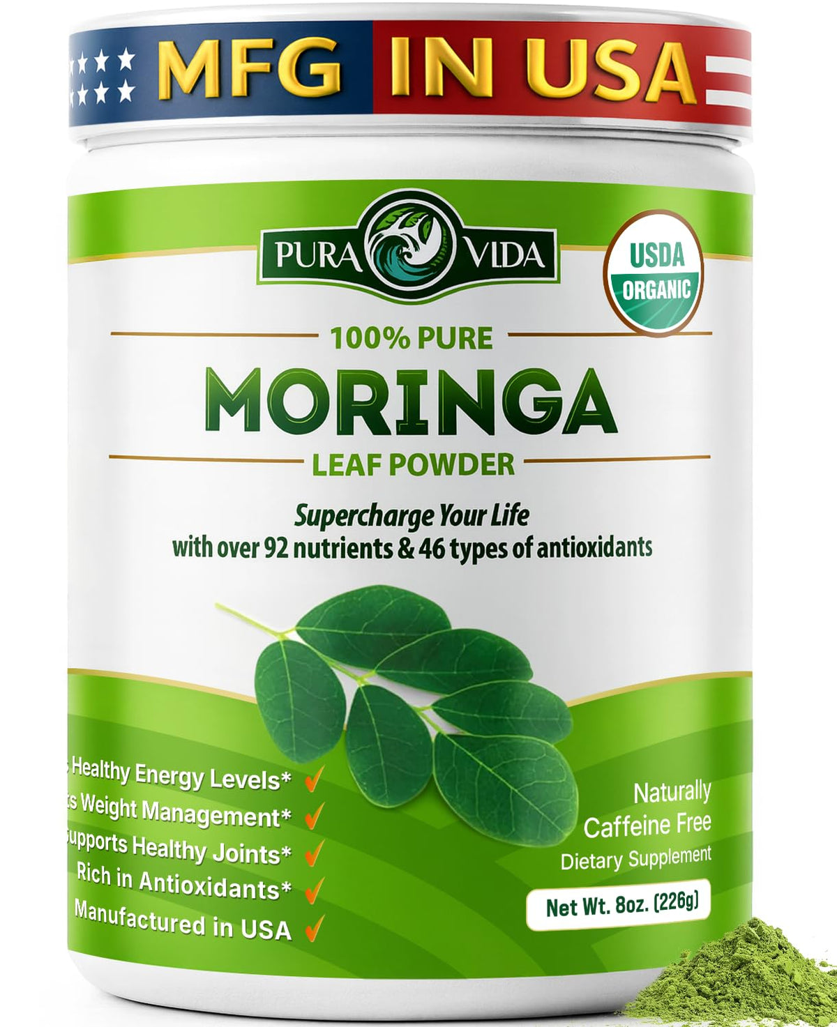 PURA VIDA MORINGA empaque frontal mostrando sello USDA Organic y origen único