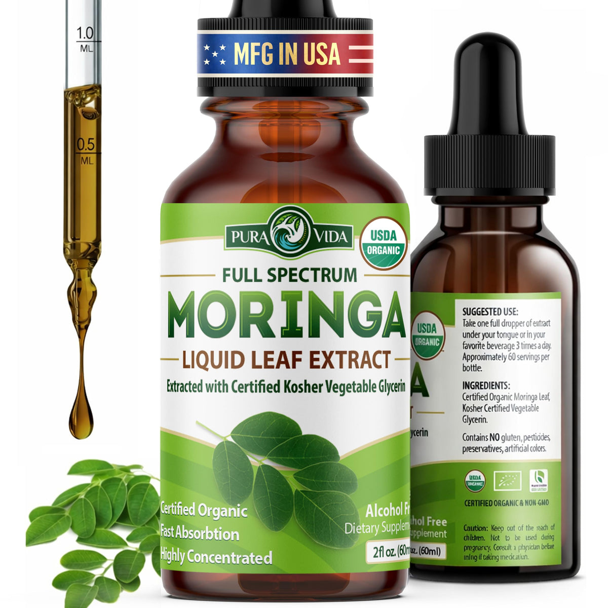 PURA VIDA MORINGA frontal del envase, presentación clara y dosificación fácil