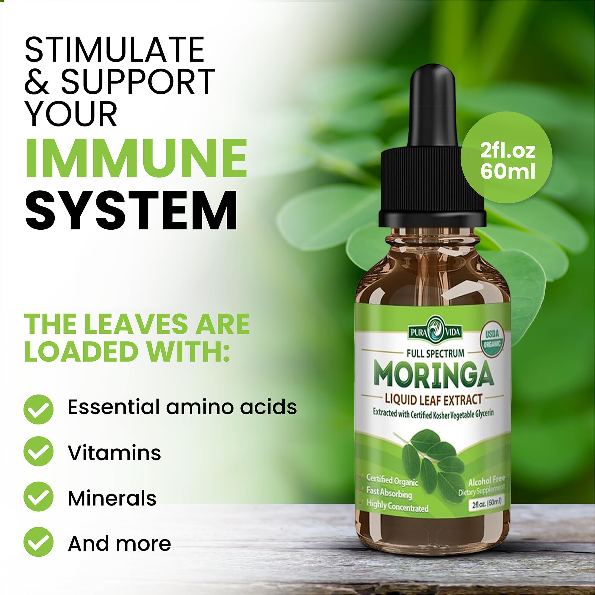 PURA VIDA MORINGA gotero en mano mostrando control preciso de la dosis