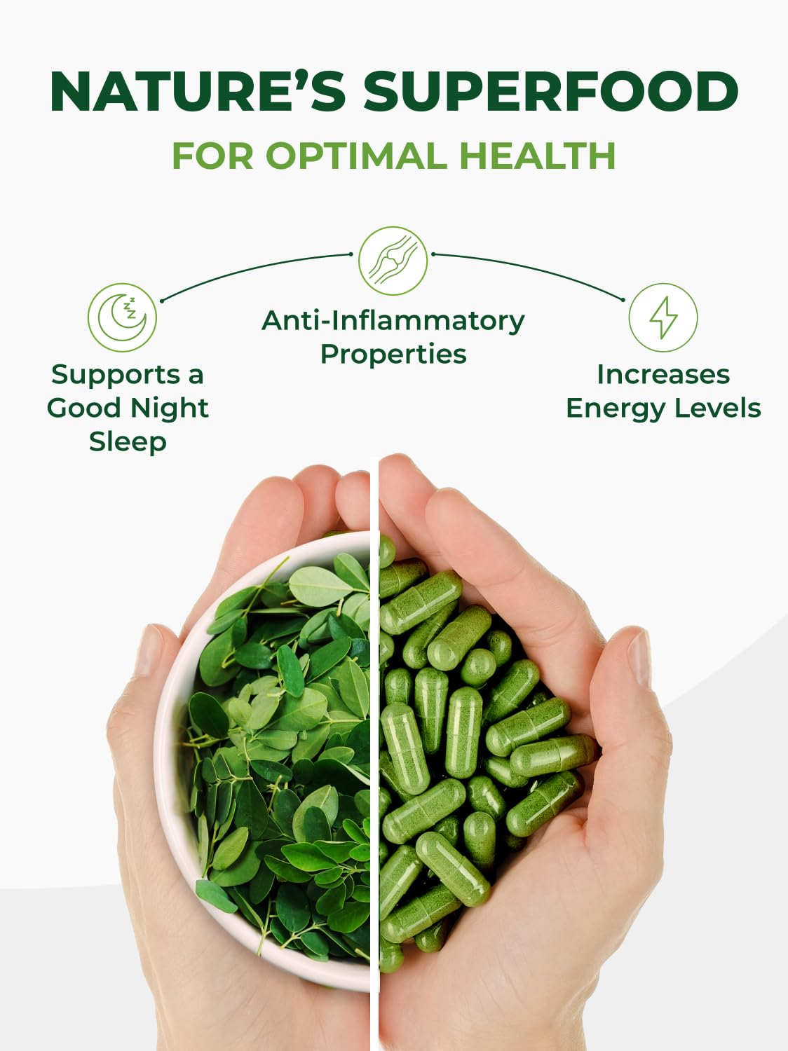 Envase abierto Pura Vida Moringa 120ct mostrando contenido y presentación