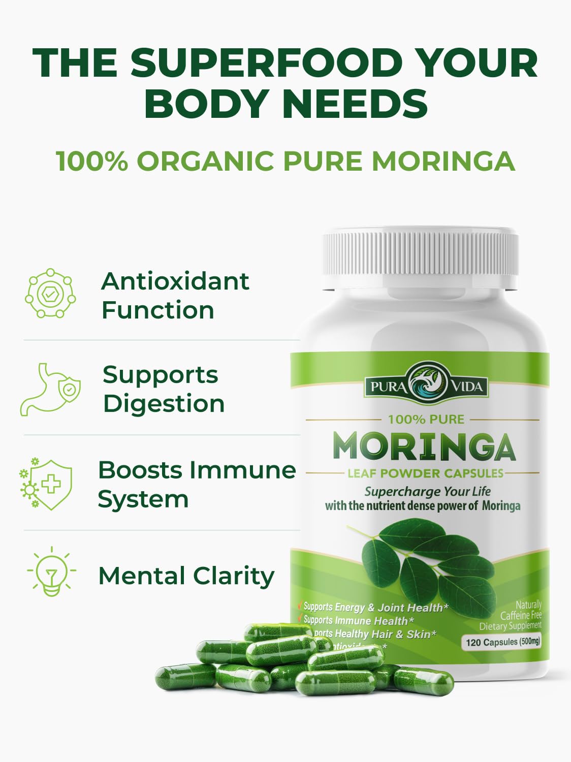 Comparación de tamaño Pura Vida Moringa con mano para referencia de cápsula