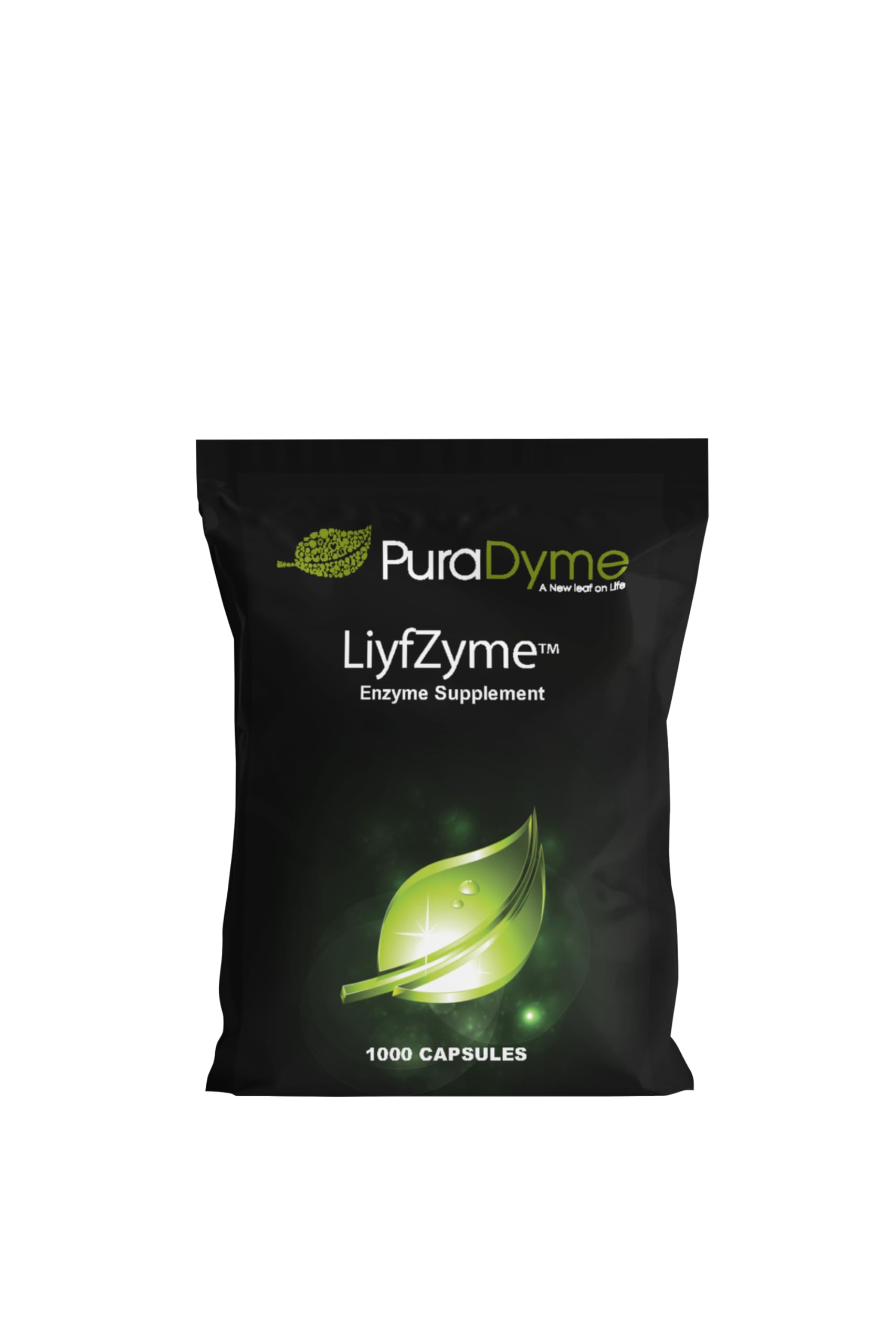 PuraDyme LiyfZyme frasco frontal mostrando 1000 cápsulas y conveniencia