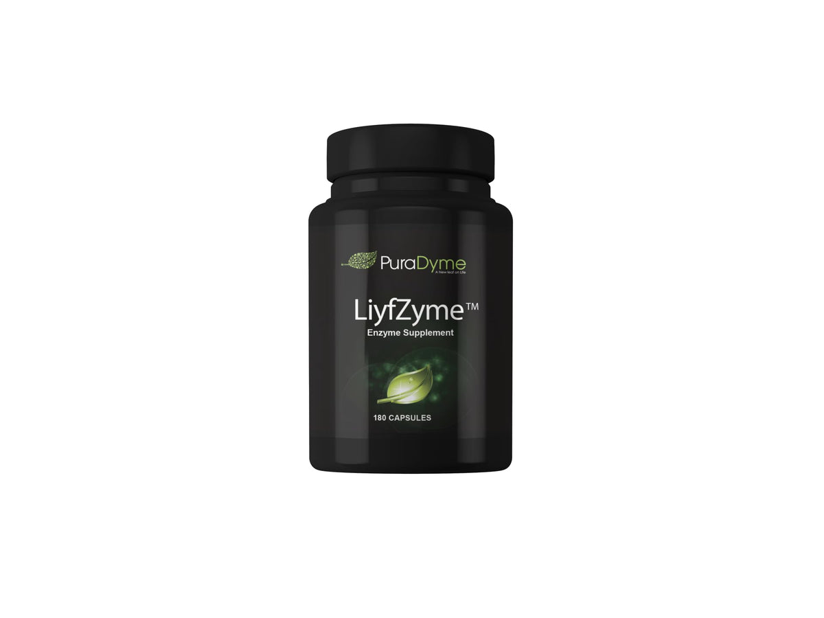PuraDyme LiyfZyme frasco frontal mostrando etiqueta clara y beneficios