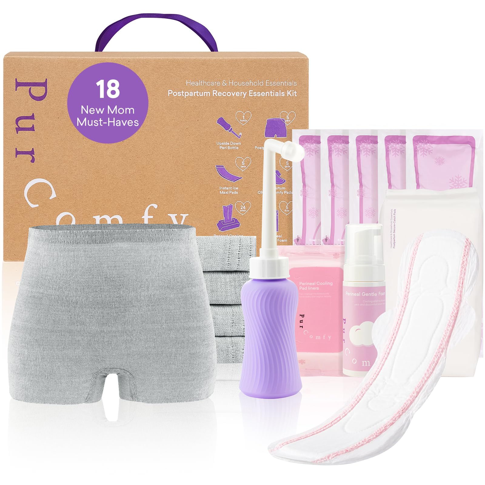 PurComfy presentación frontal del kit con todo incluido para comodidad postparto