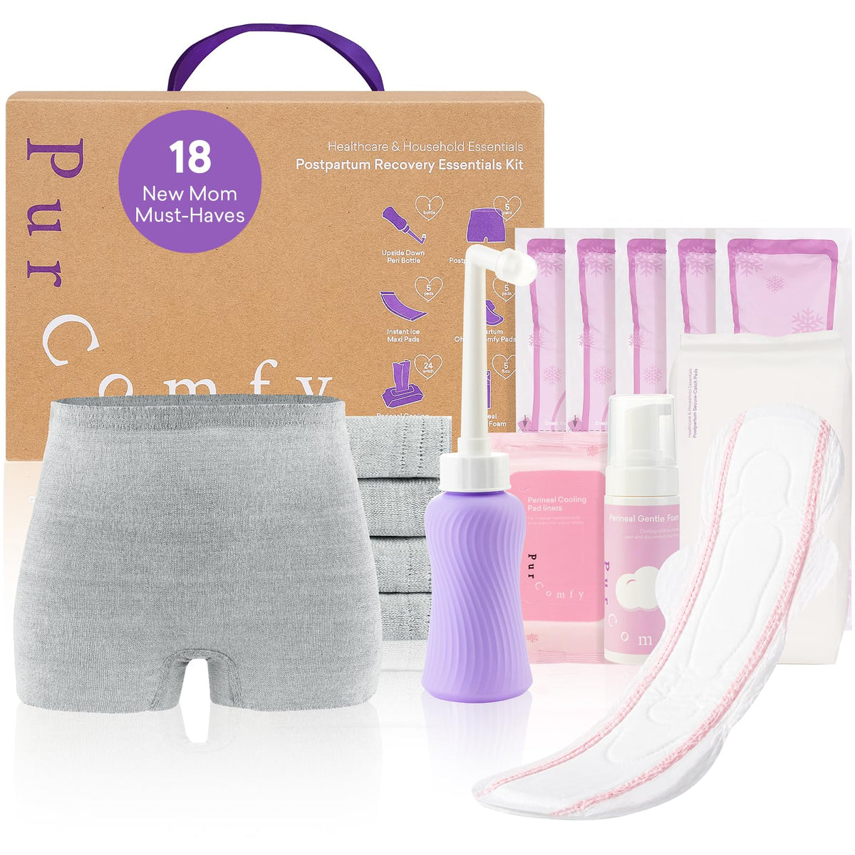 PurComfy presentación frontal del kit con todo incluido para comodidad postparto