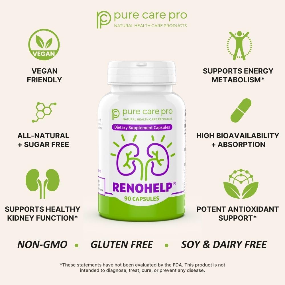 Pure Care Pro Renohelp frasco en mano para mostrar tamaño y cantidad de cápsulas